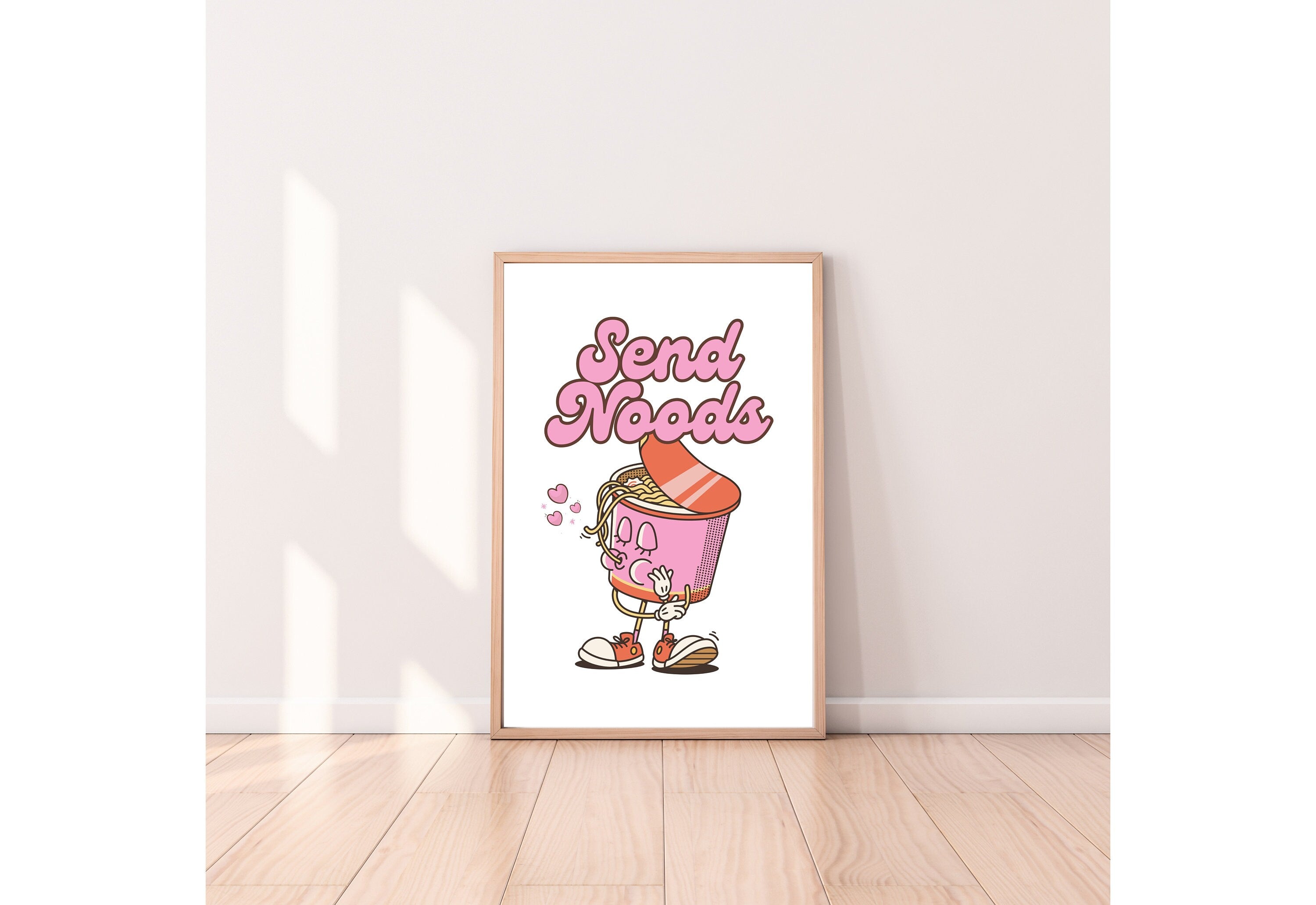 Send Noods Print, Retro Kitchen Print, Pink Noodles Wall Print, Asian Food Wall Art, Retro Poster, Retro Quote Print, Cup of Noodles Art