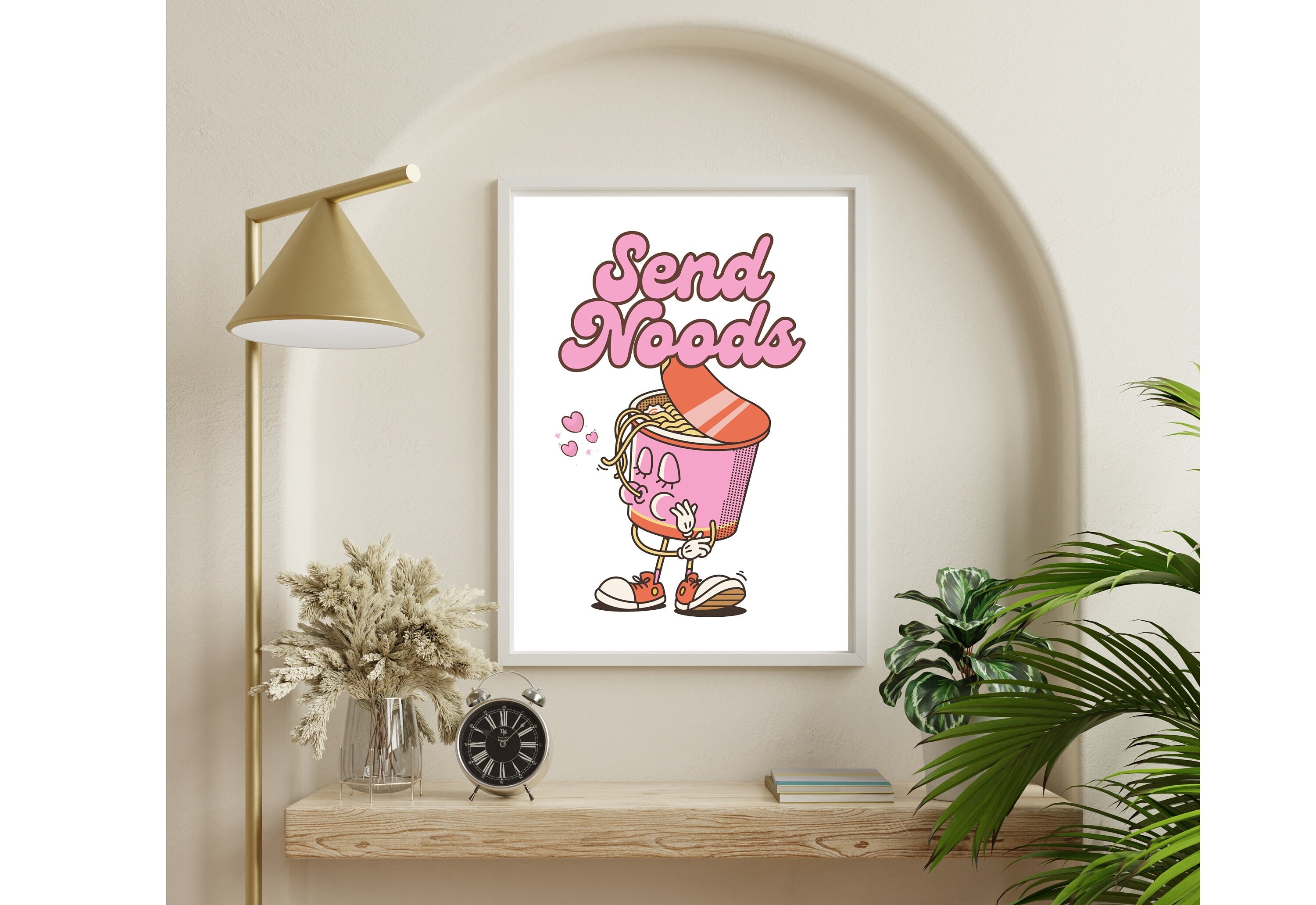 Send Noods Print, Retro Kitchen Print, Pink Noodles Wall Print, Asian Food Wall Art, Retro Poster, Retro Quote Print, Cup of Noodles Art