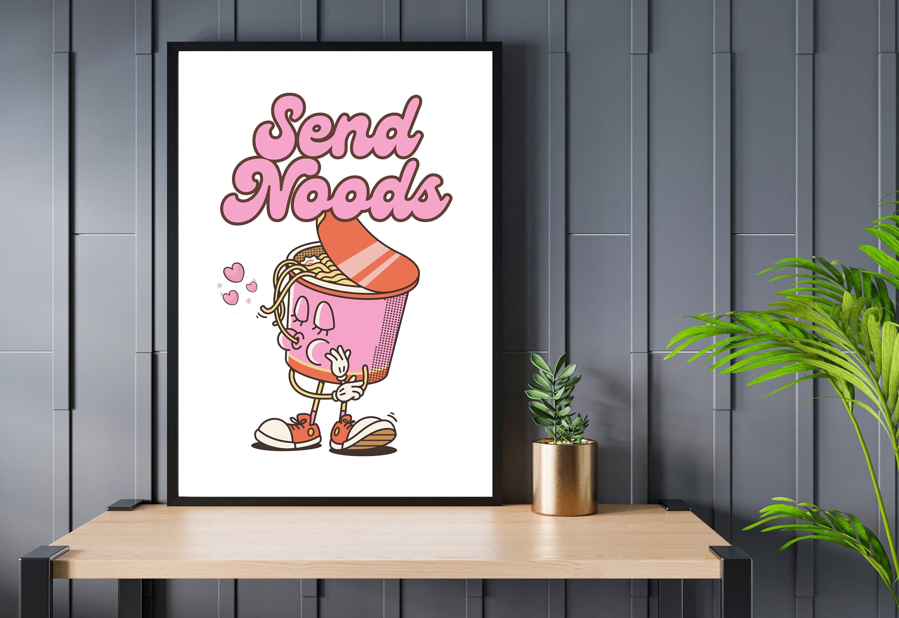 Send Noods Print, Retro Kitchen Print, Pink Noodles Wall Print, Asian Food Wall Art, Retro Poster, Retro Quote Print, Cup of Noodles Art