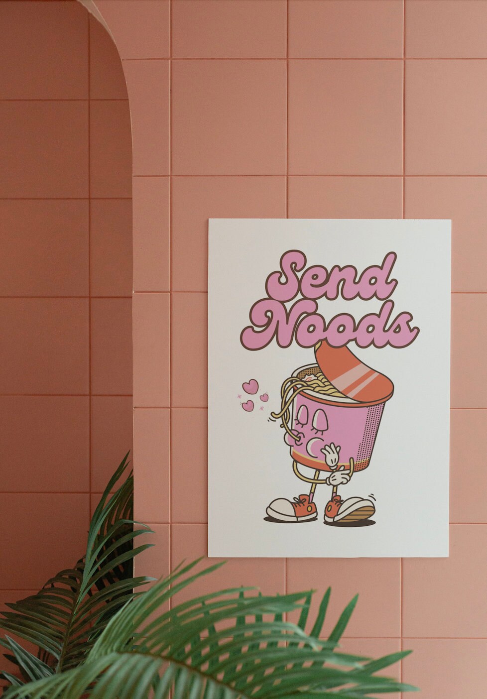 Send Noods Print, Retro Kitchen Print, Pink Noodles Wall Print, Asian Food Wall Art, Retro Poster, Retro Quote Print, Cup of Noodles Art