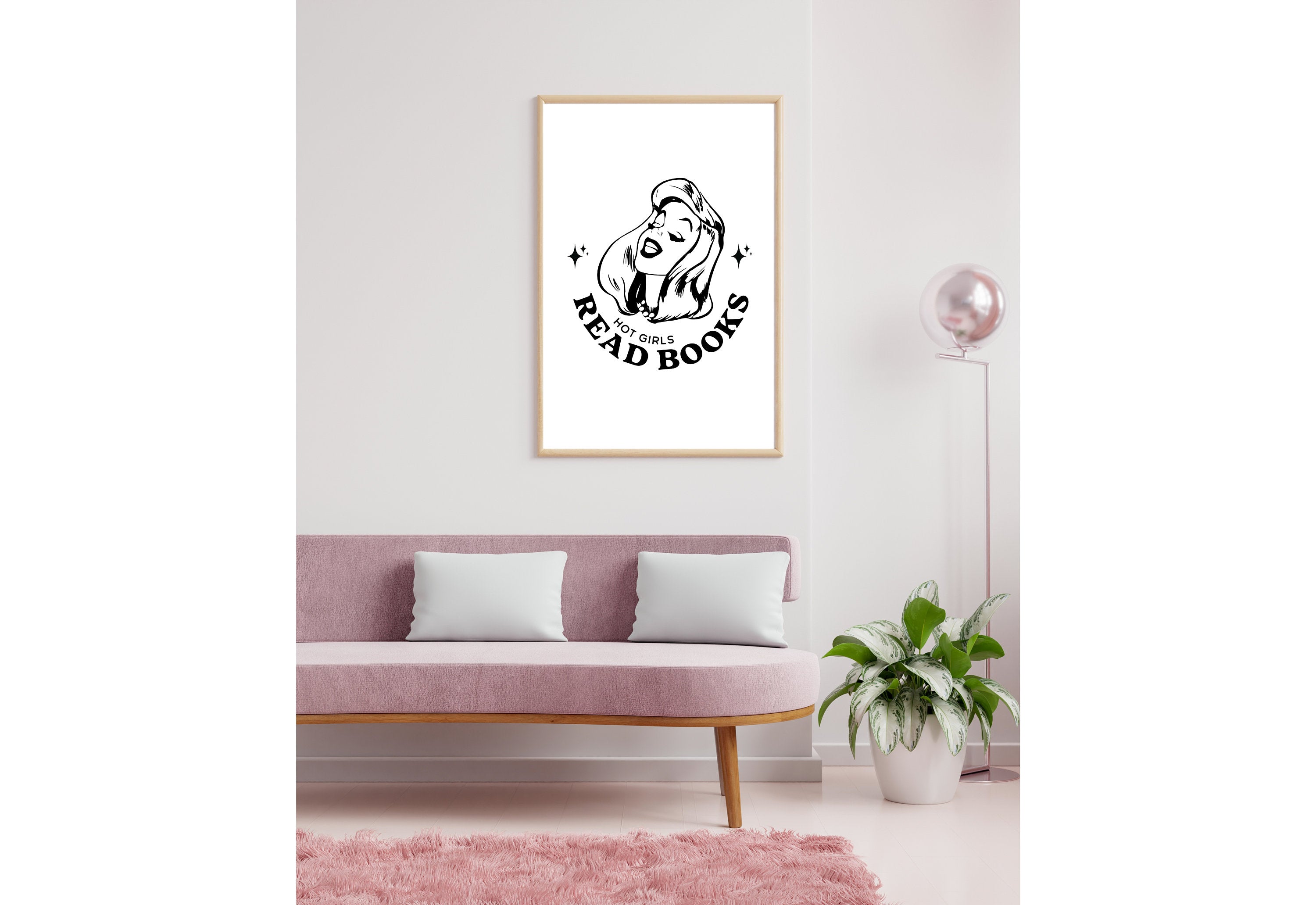 Hot Girls Read-Large Wall Art-White Wall Print-Retro Cartoon Art-Downloadable Print-Reading Art Prints-Living Room Decor-Funny Wall Art