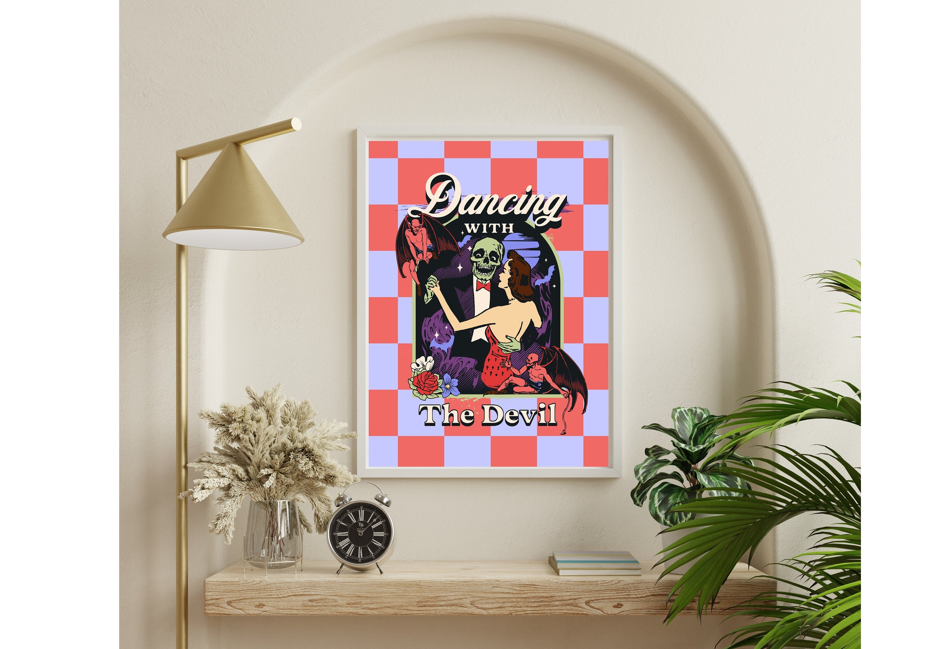 Dancing with the Devil Art, Digital Art, Pink Devil Art, Retro Wall Decor, Funny Wall Art, Vintage Cartoon Art, Y2K Girly Decor