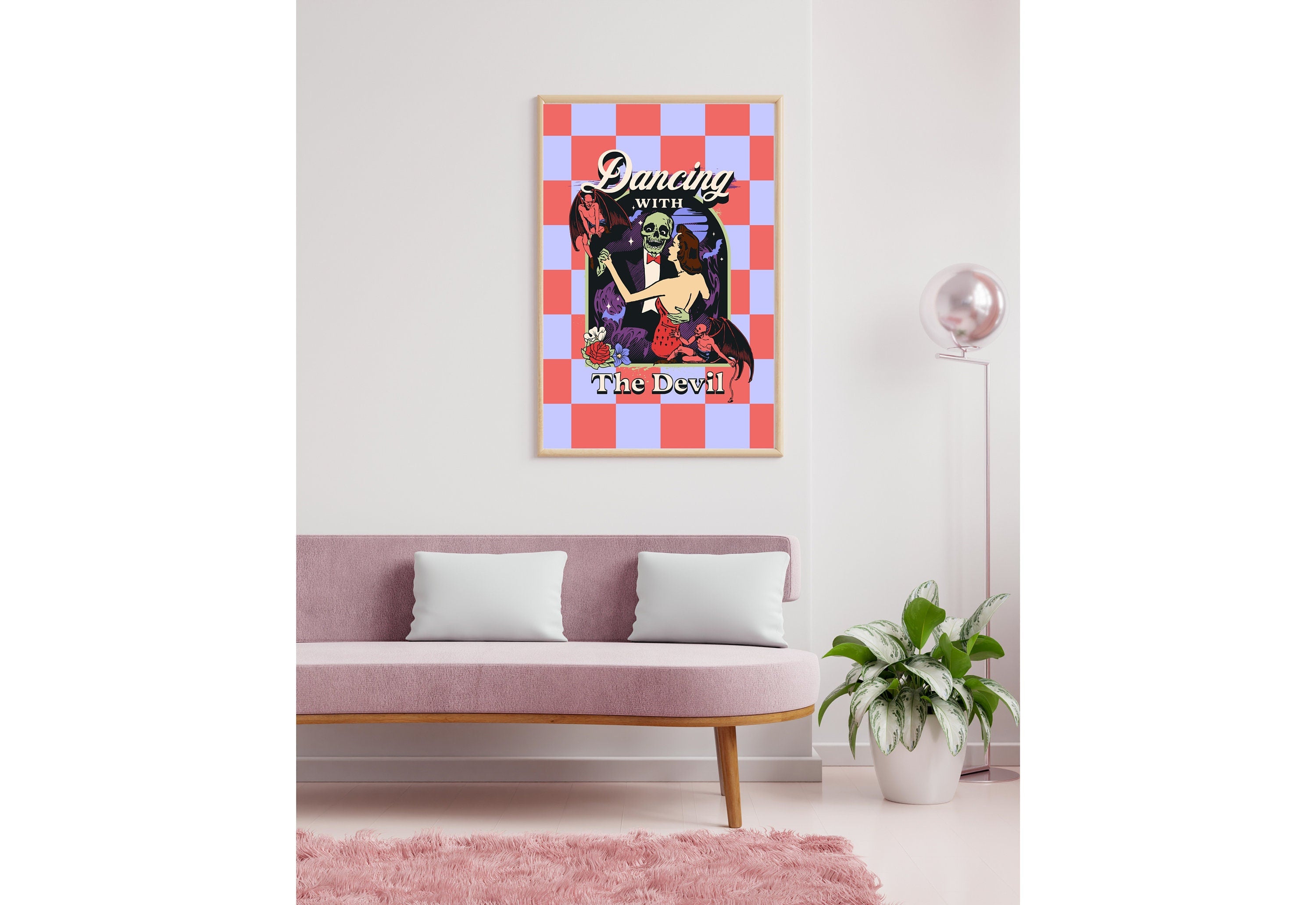 Dancing with the Devil Art, Digital Art, Pink Devil Art, Retro Wall Decor, Funny Wall Art, Vintage Cartoon Art, Y2K Girly Decor