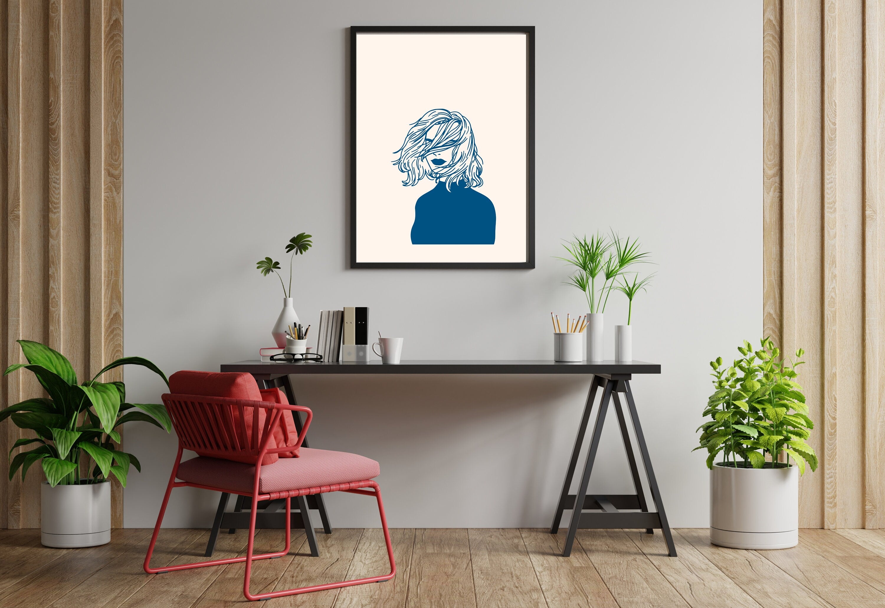 Line Art Print-Large Wall Art-White Wall Print-Retro Cartoon Art-Downloadable Print-Woman Art Prints-Living Room Decor-Simple Wall Art