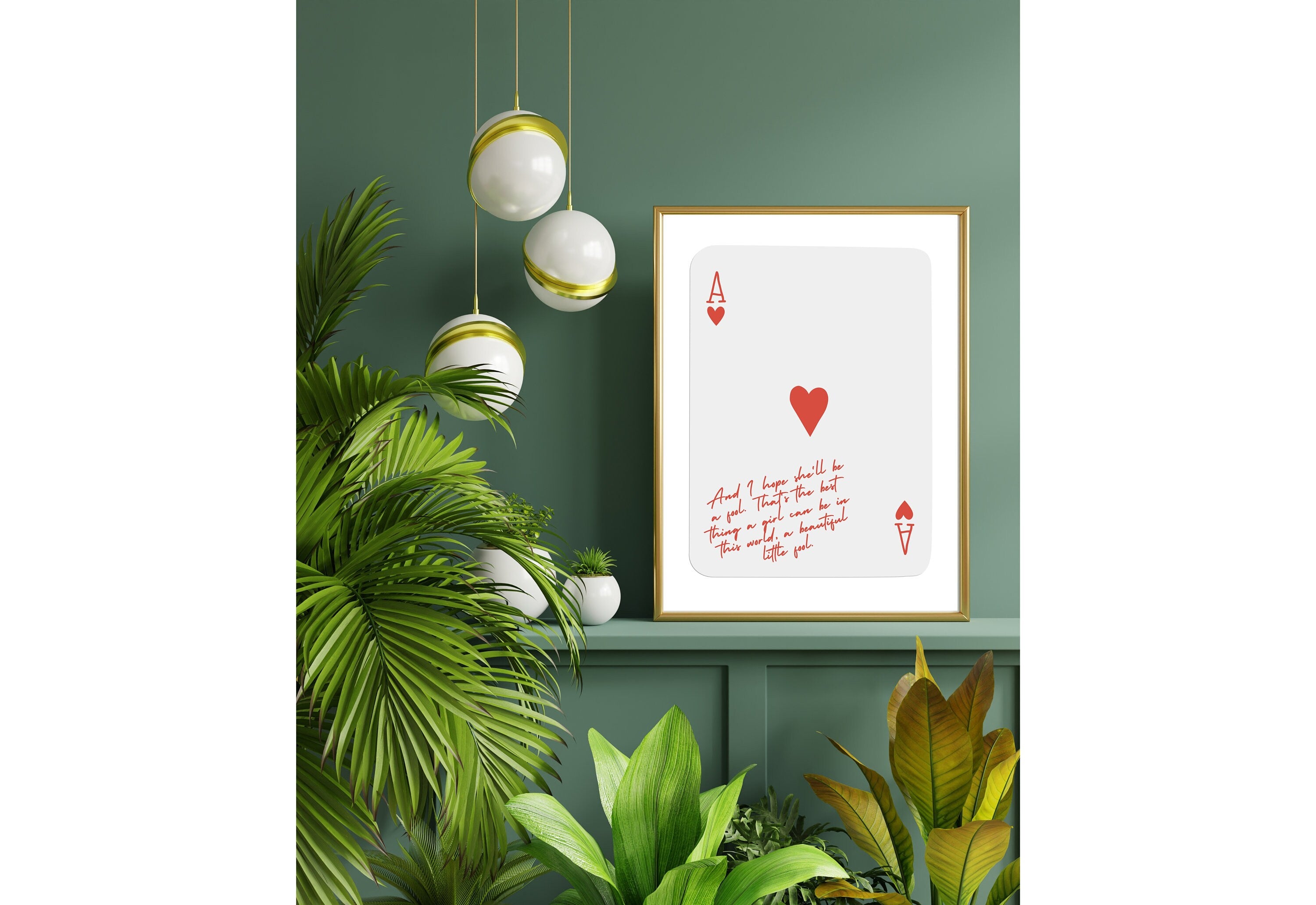 Flat lay of Ace of Hearts digital print featuring retro quotes from Great Gatsby