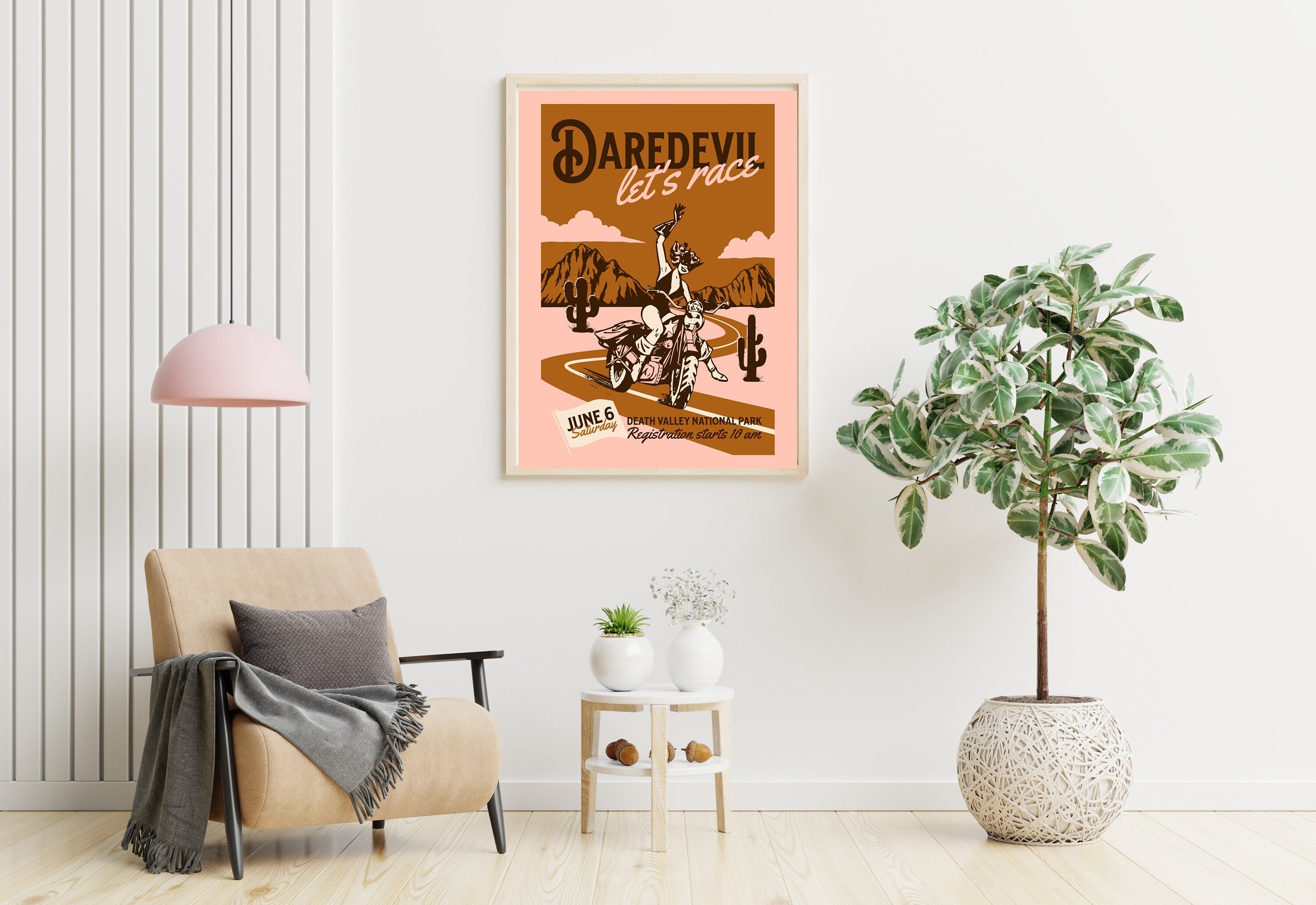 Daredevil Art,Large Wall Art,Pink Wall Print,Retro Cartoon Art,Living Room Decor,Funny Wall Art,Motorcycle Art,Pink Retro Posters,Girly Art