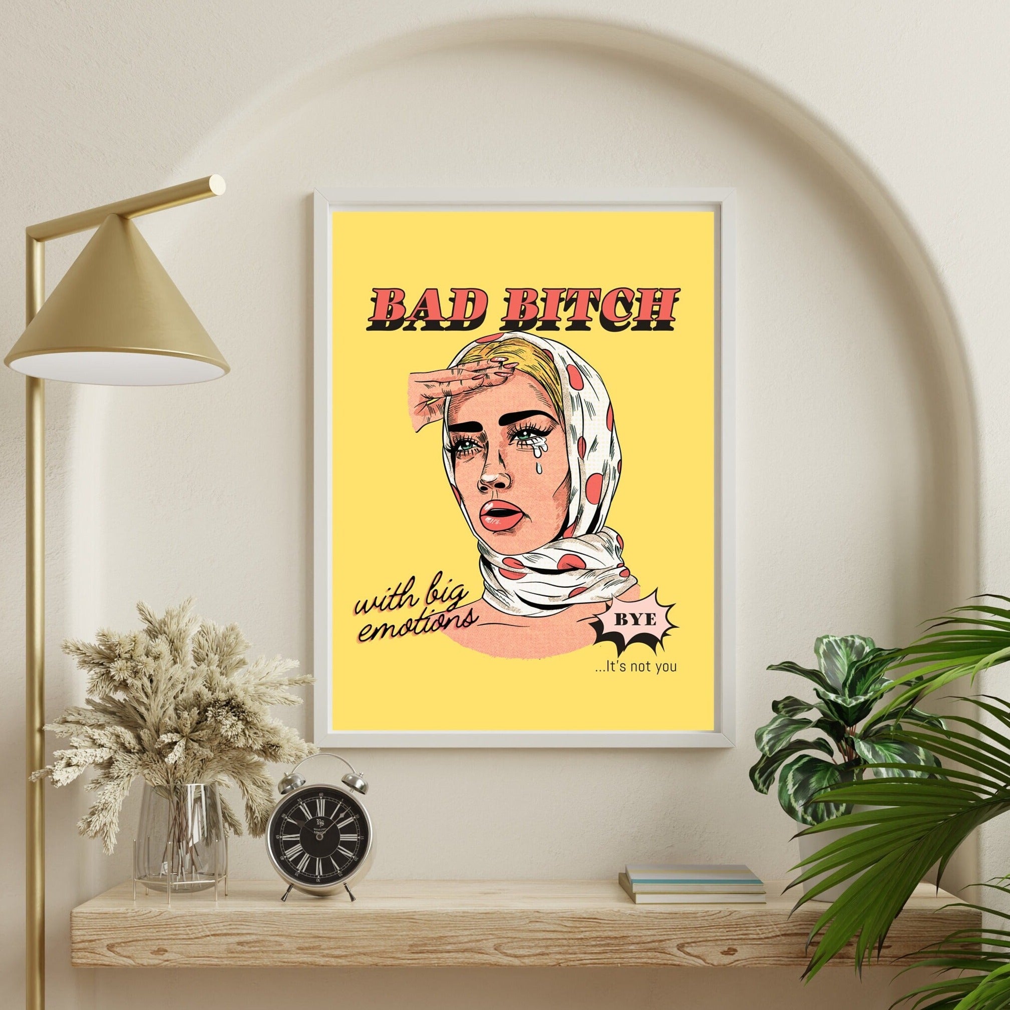 Showcase your fearless side with the 'Bad Bitch' digital art print, an empowering piece of home decor that speaks to strength and independence.