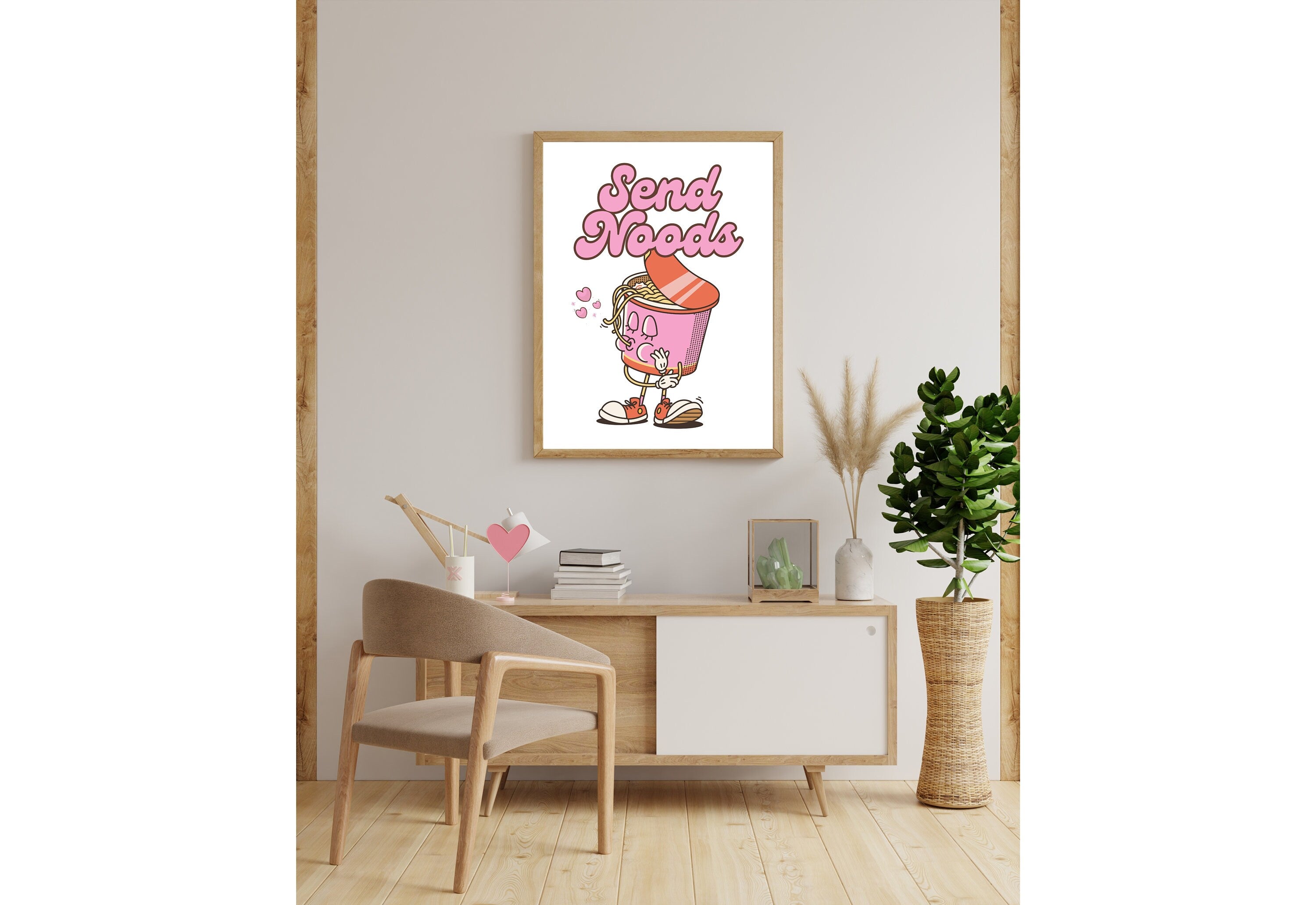 Send Noods Print, Retro Kitchen Print, Pink Noodles Wall Print, Asian Food Wall Art, Retro Poster, Retro Quote Print, Cup of Noodles Art