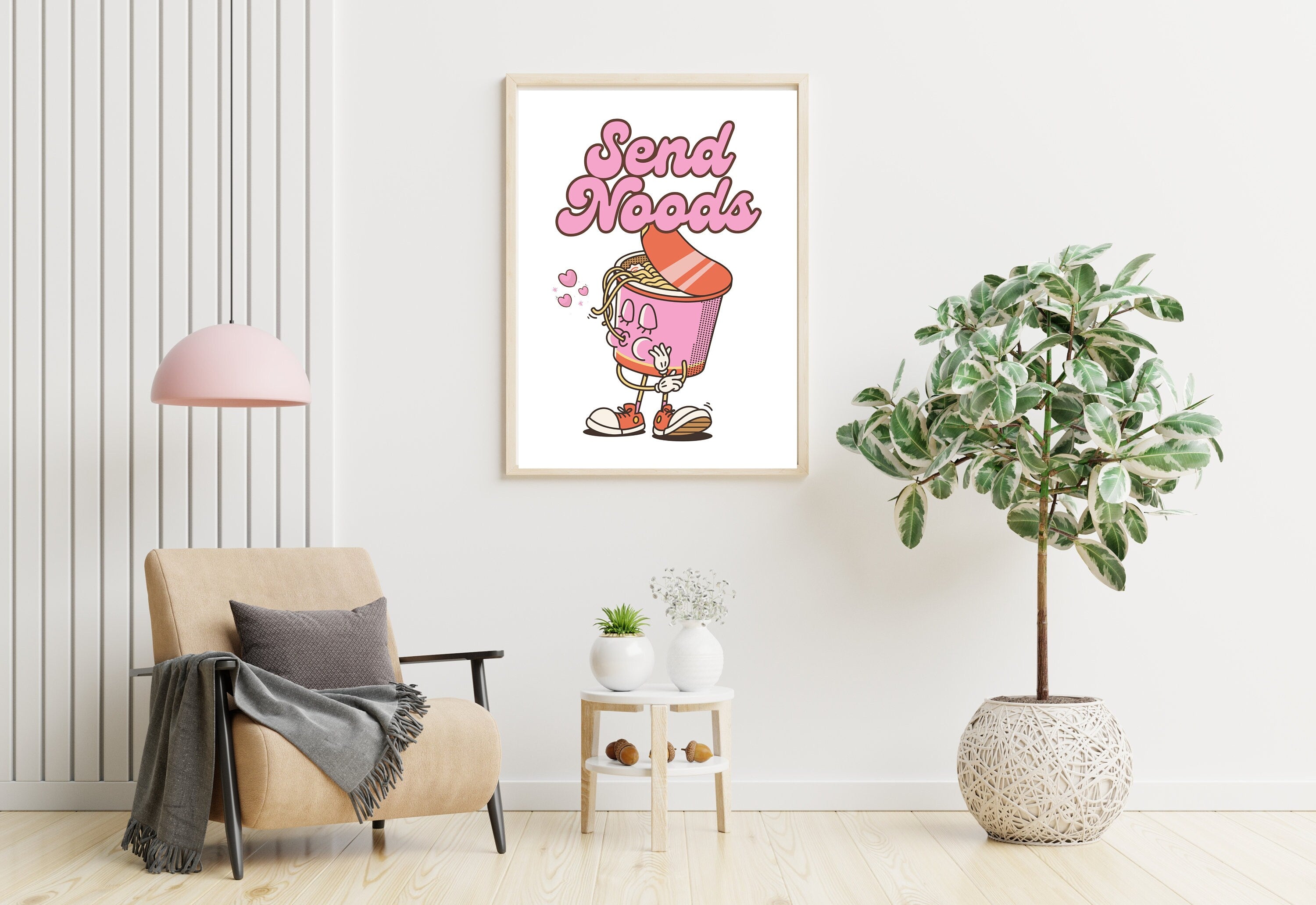 Send Noods Print, Retro Kitchen Print, Pink Noodles Wall Print, Asian Food Wall Art, Retro Poster, Retro Quote Print, Cup of Noodles Art