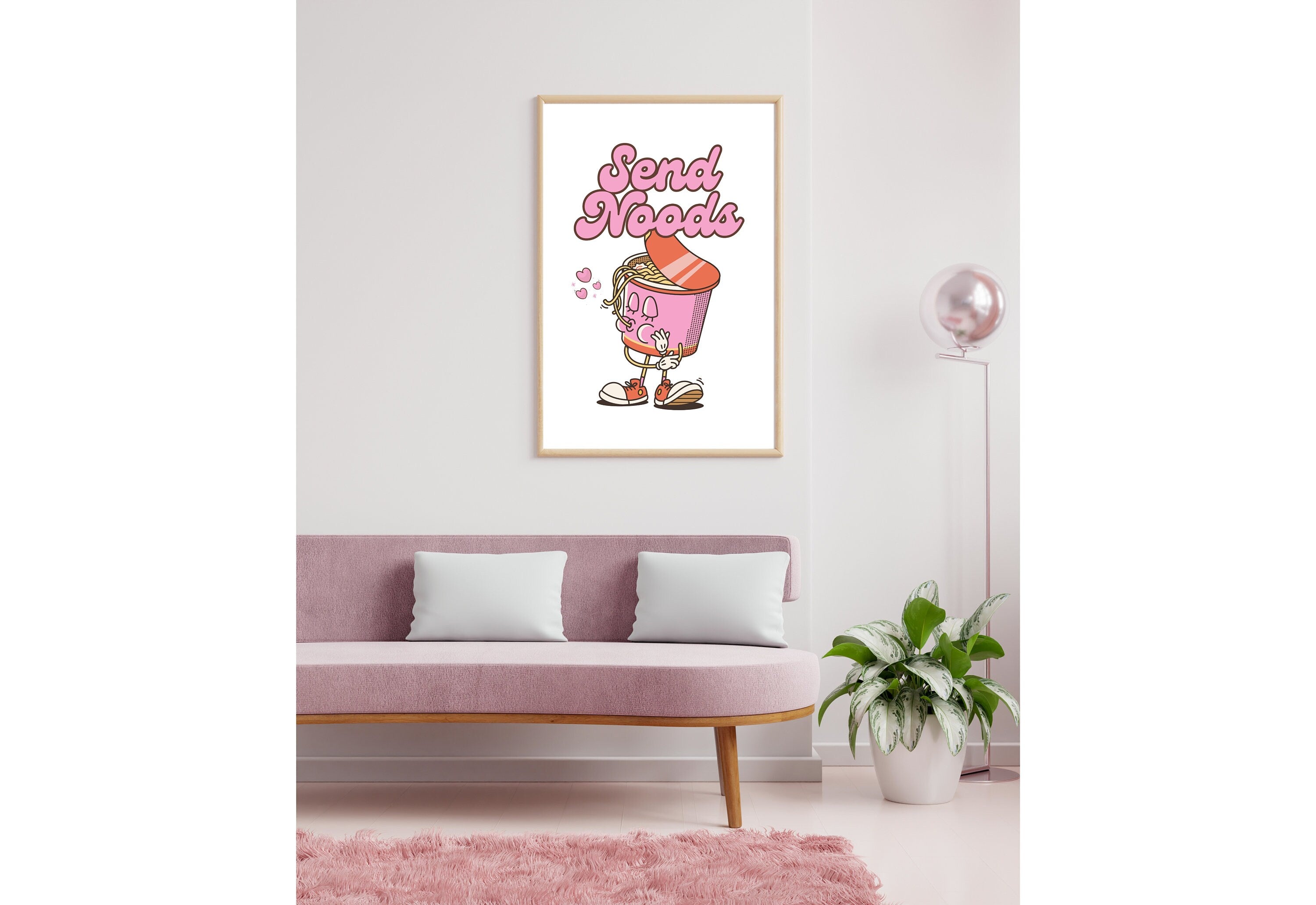 Send Noods Print, Retro Kitchen Print, Pink Noodles Wall Print, Asian Food Wall Art, Retro Poster, Retro Quote Print, Cup of Noodles Art