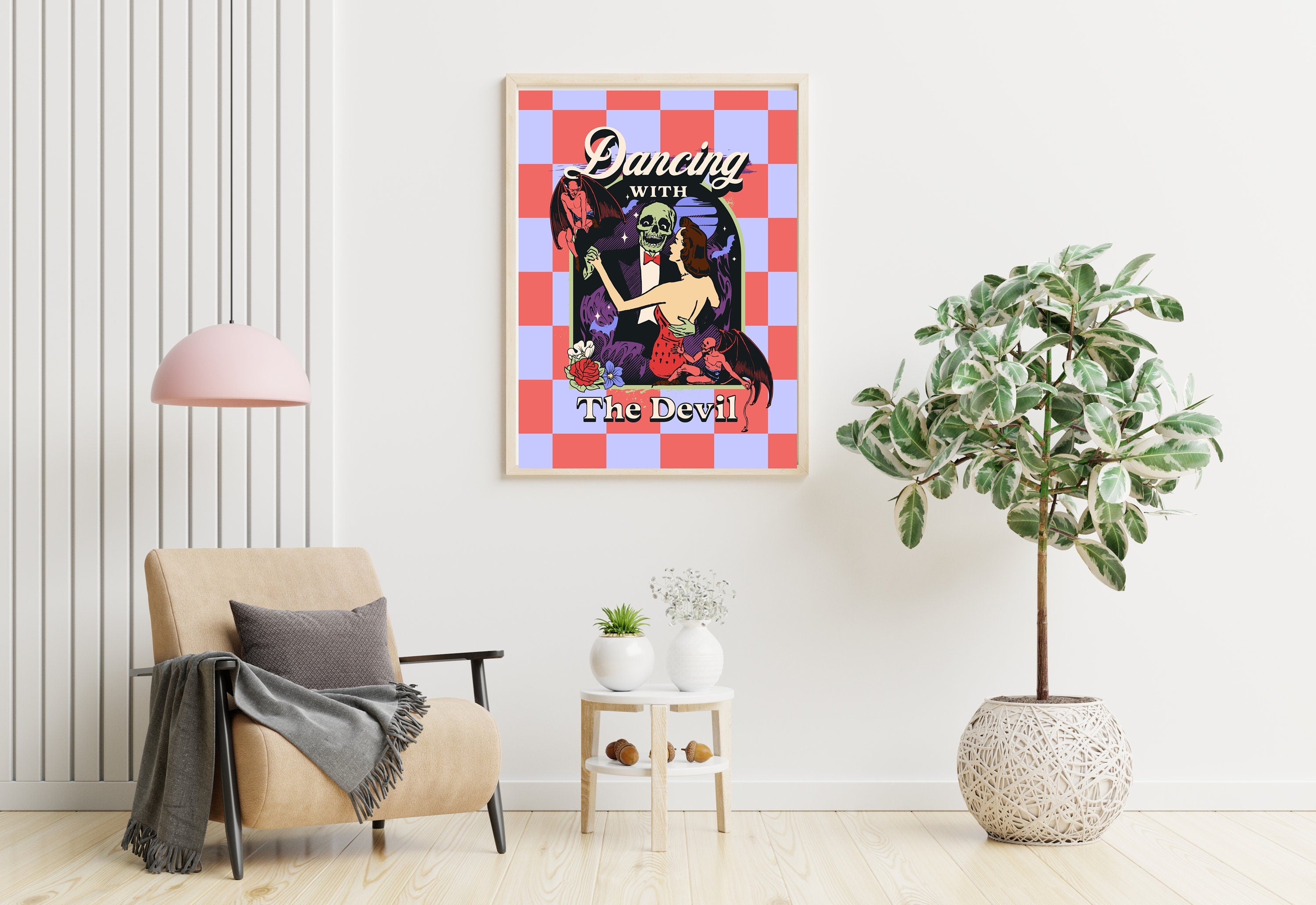 Dancing with the Devil Art, Digital Art, Pink Devil Art, Retro Wall Decor, Funny Wall Art, Vintage Cartoon Art, Y2K Girly Decor