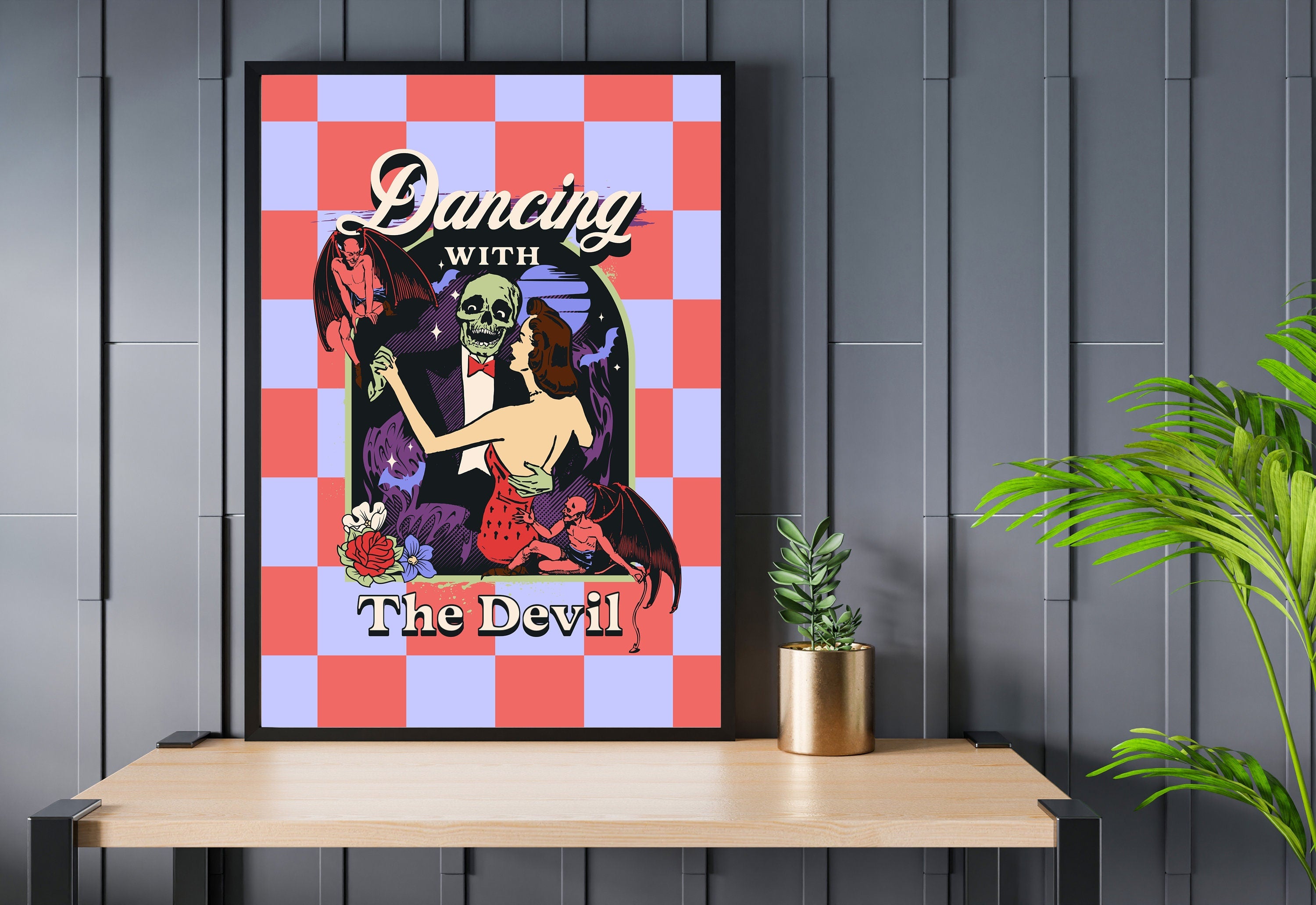 Dancing with the Devil Art, Digital Art, Pink Devil Art, Retro Wall Decor, Funny Wall Art, Vintage Cartoon Art, Y2K Girly Decor