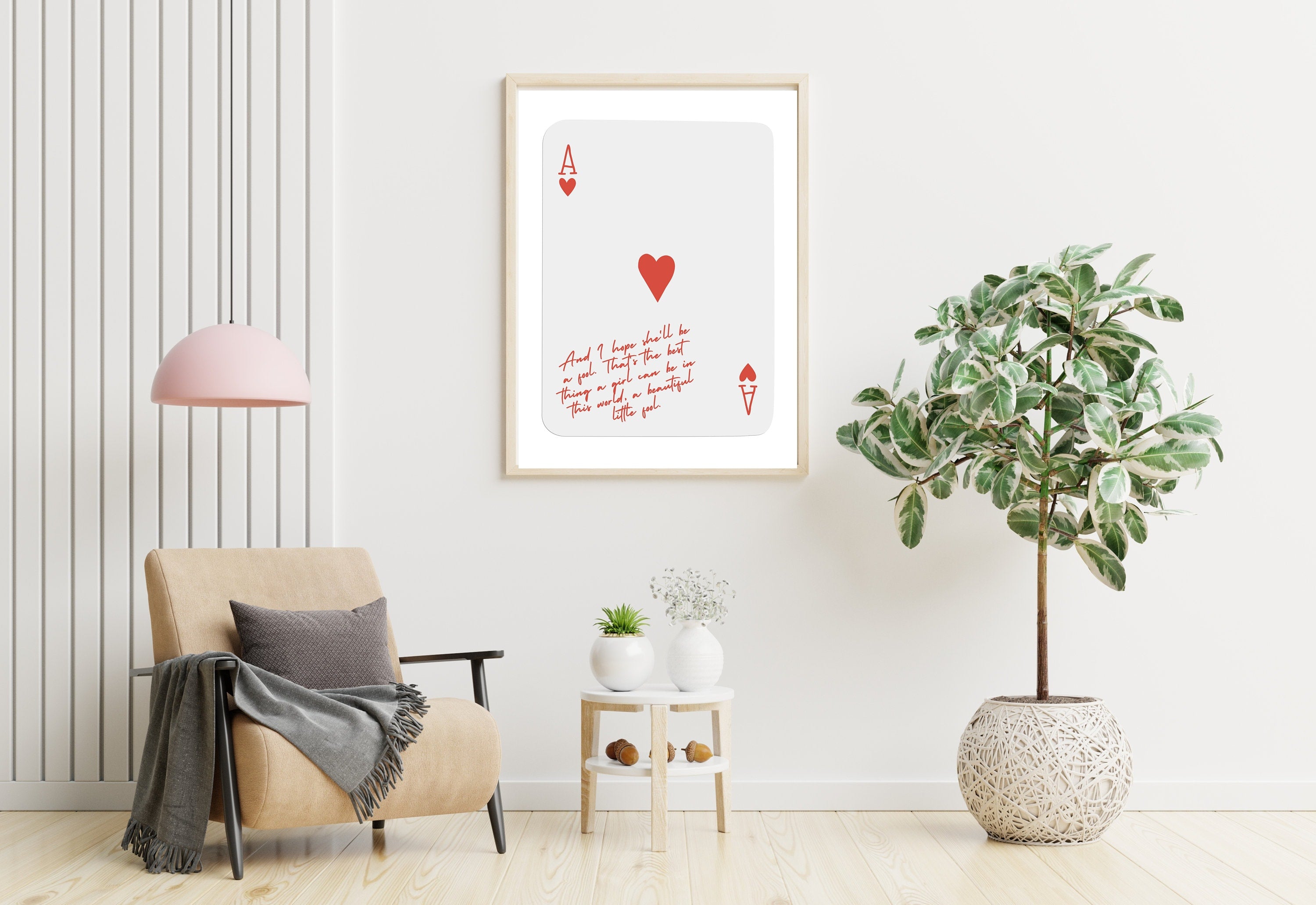 Close-up view of Ace of Hearts art print with Great Gatsby retro quotes