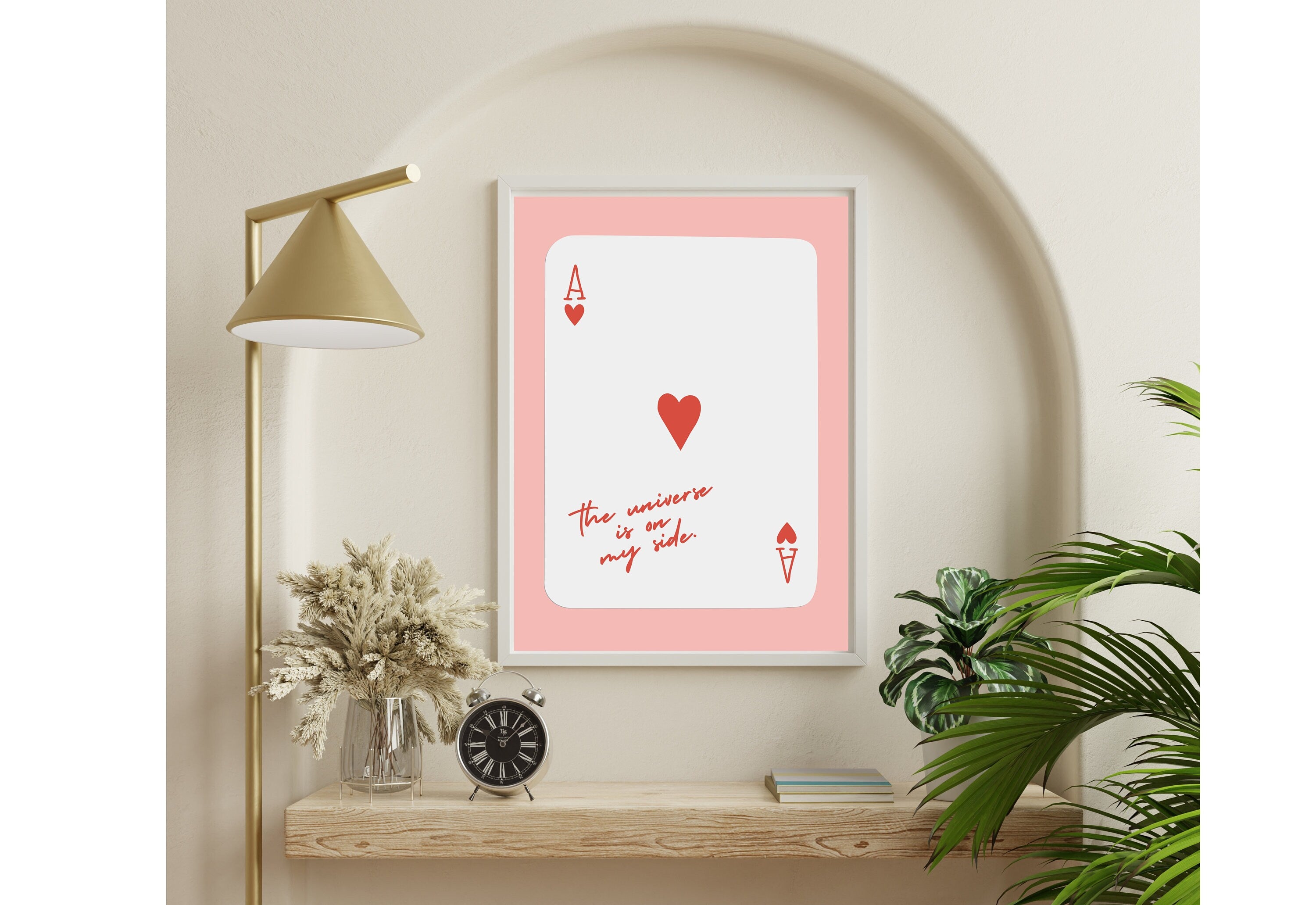 Vibrant Ace of Hearts digital art print with 'Universe is on my Side' 