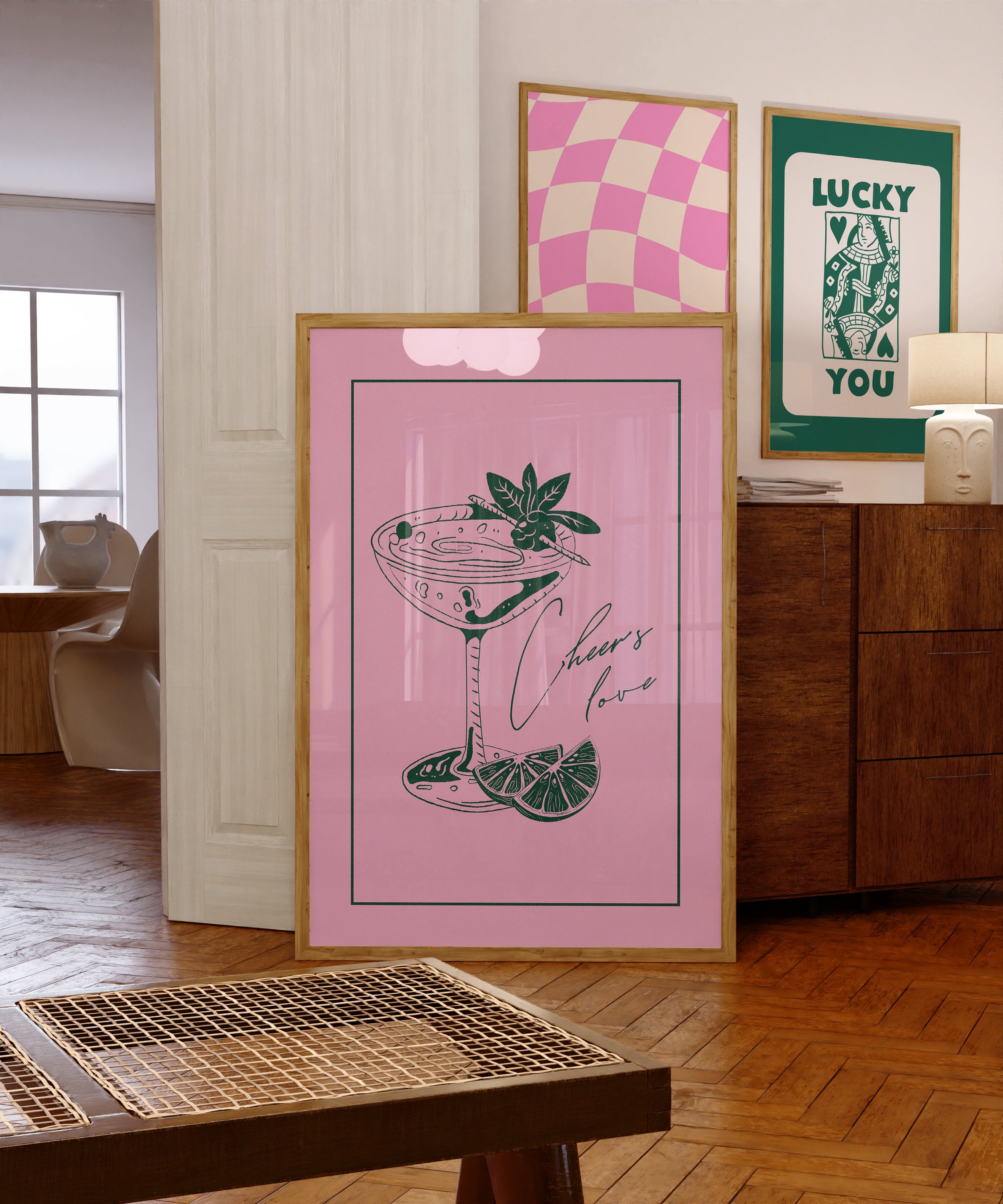 One More Round-Cheers Love-Martini Art-Retro Print-Pink Art Print-Trendy Art-70s Art Print-Pink Girly Art-Cocktail Art-Preppy Bar Cart Art