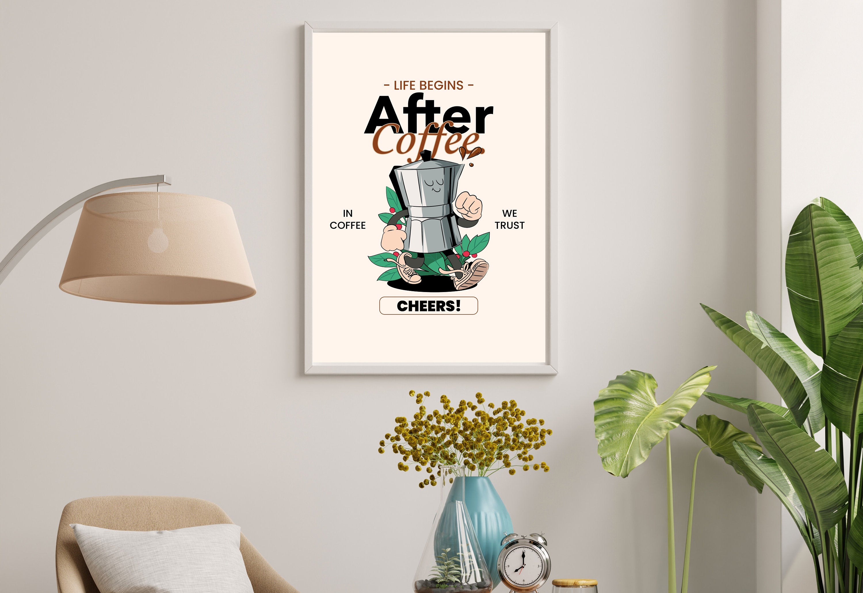 Life begins after coffee,Digital Prints,Retro Art Quote,Office Art,Kitchen Art,Coffee Art Print,Coffee Cartoon Print,Retro Wall Art