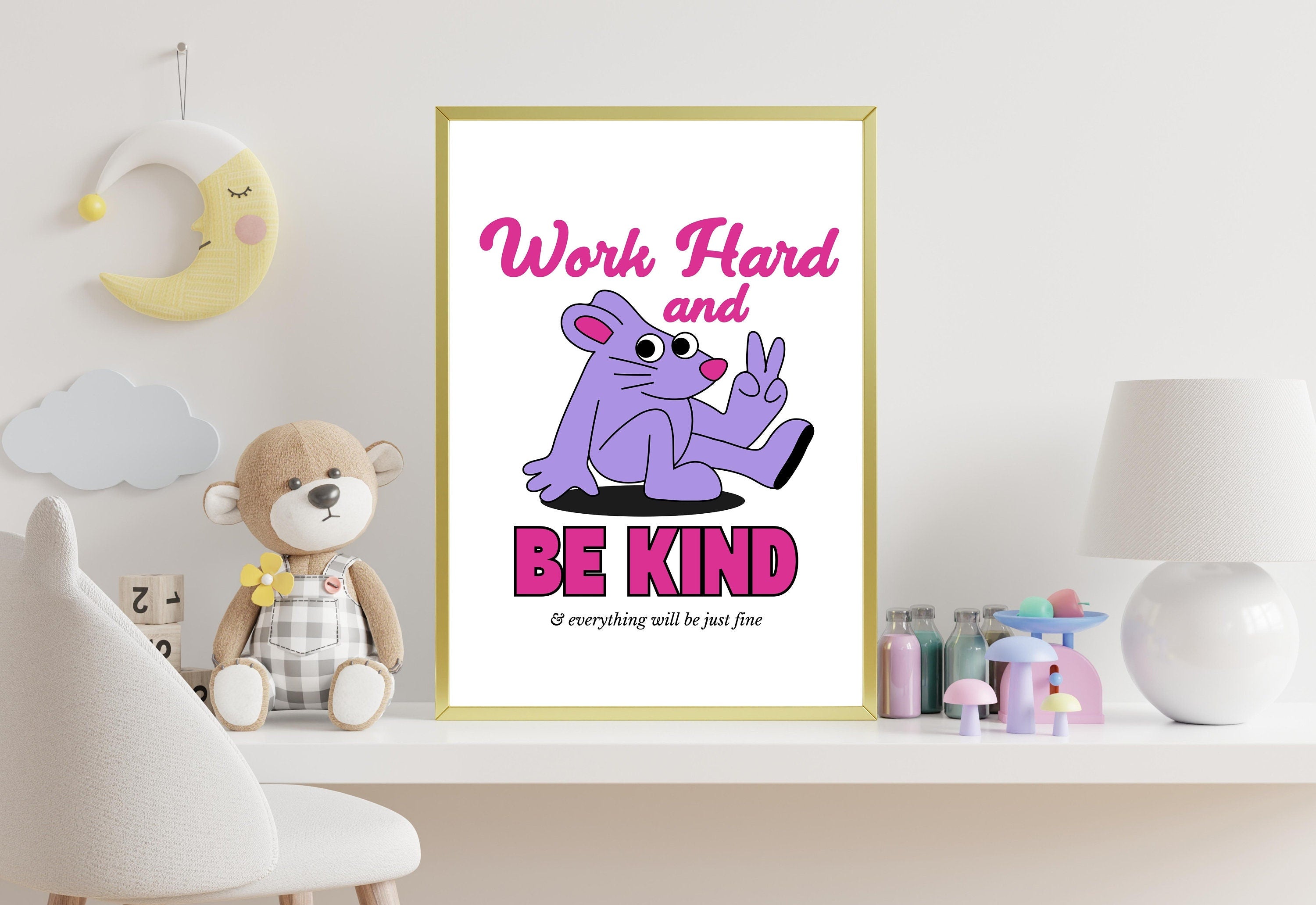 Work Hard Art,Kids Room Art,Downloadable Print,Cartoon Art Print,Retro Character Art,Trendy Posters,Vintage Mascot Art,Cute Positive Art