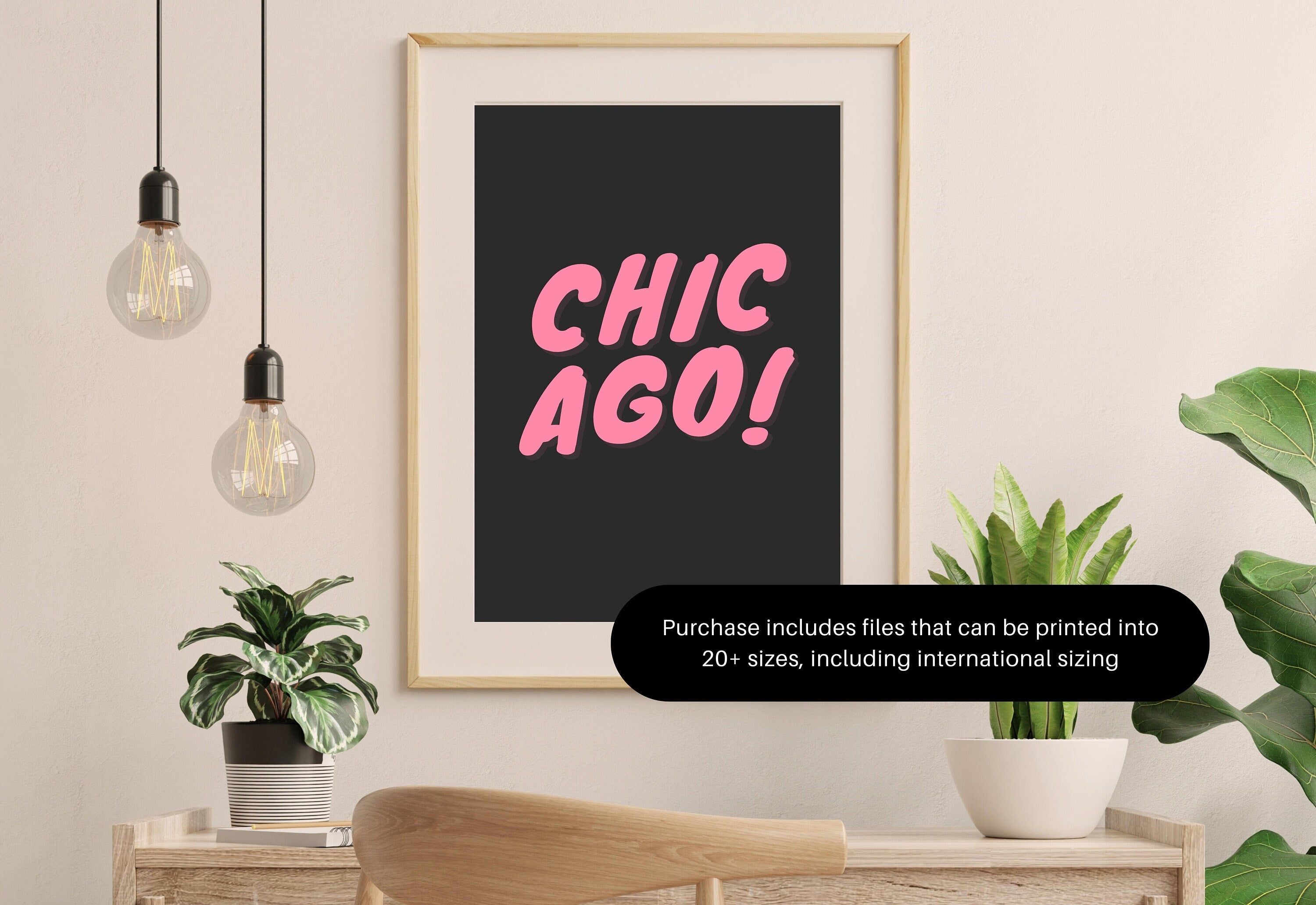 Chicago Art Print,Digital Art Download,Black Chicago Wall Art,Cute Trendy Art,Chicago Posters,Chicago Wall Poster,Pink Poster, Black Posters