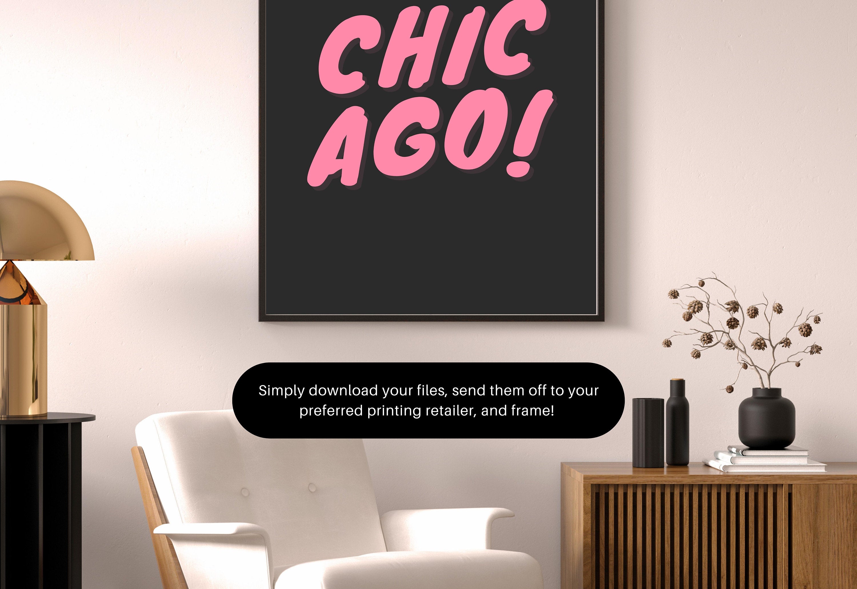 Chicago Art Print,Digital Art Download,Black Chicago Wall Art,Cute Trendy Art,Chicago Posters,Chicago Wall Poster,Pink Poster, Black Posters