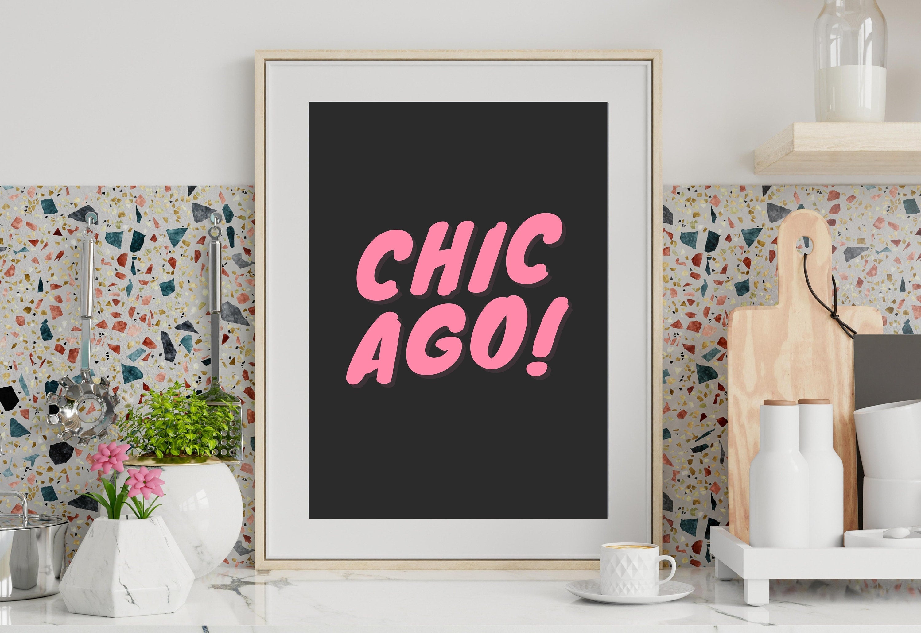 Chicago Art Print,Digital Art Download,Black Chicago Wall Art,Cute Trendy Art,Chicago Posters,Chicago Wall Poster,Pink Poster, Black Posters