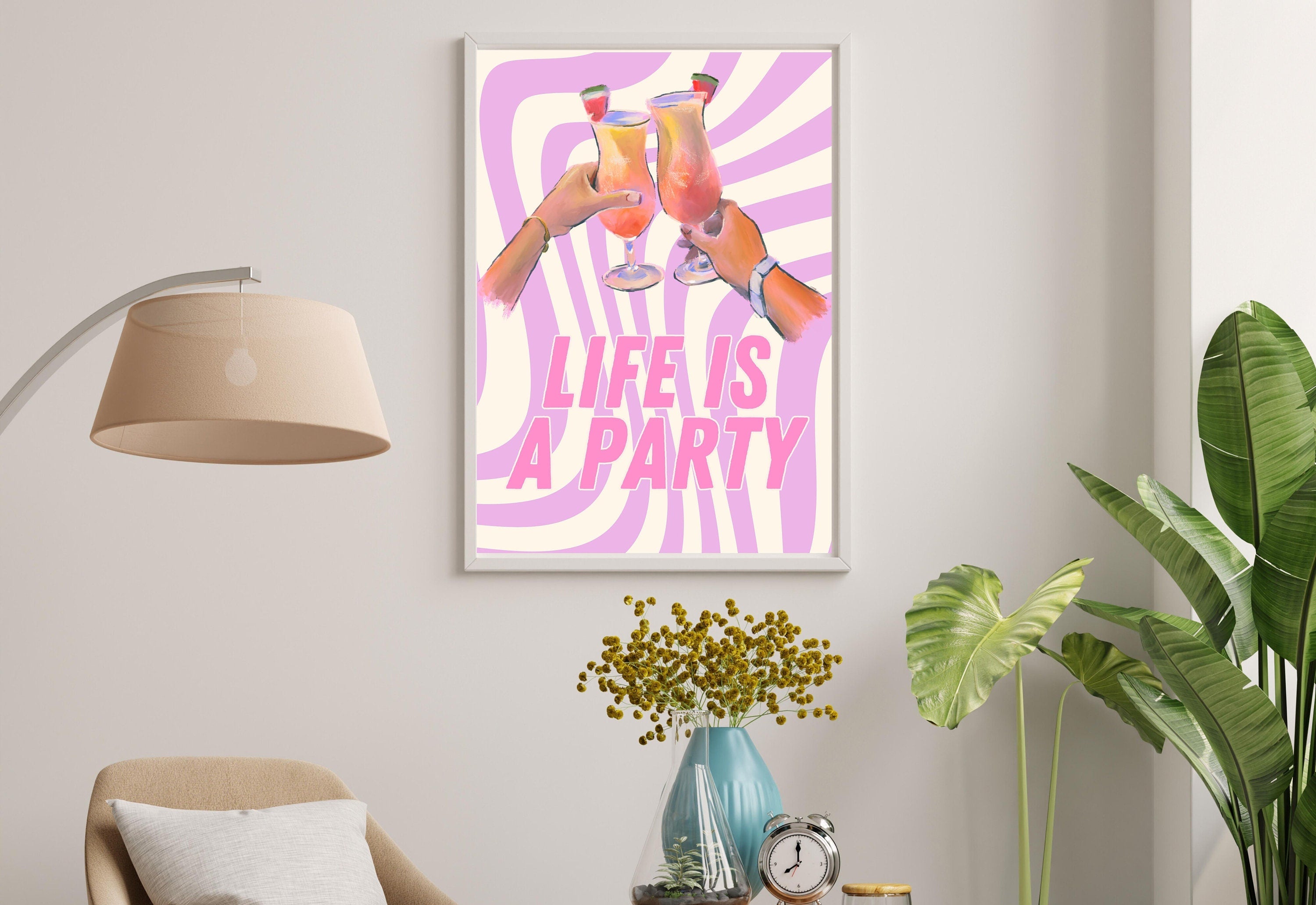 Life Is a Party-Digital Download-Martini Art Print-Cheers Art Print-Trendy Art-70s Art Print-Girly Art-Cocktail Art-Preppy Pink Bar Art