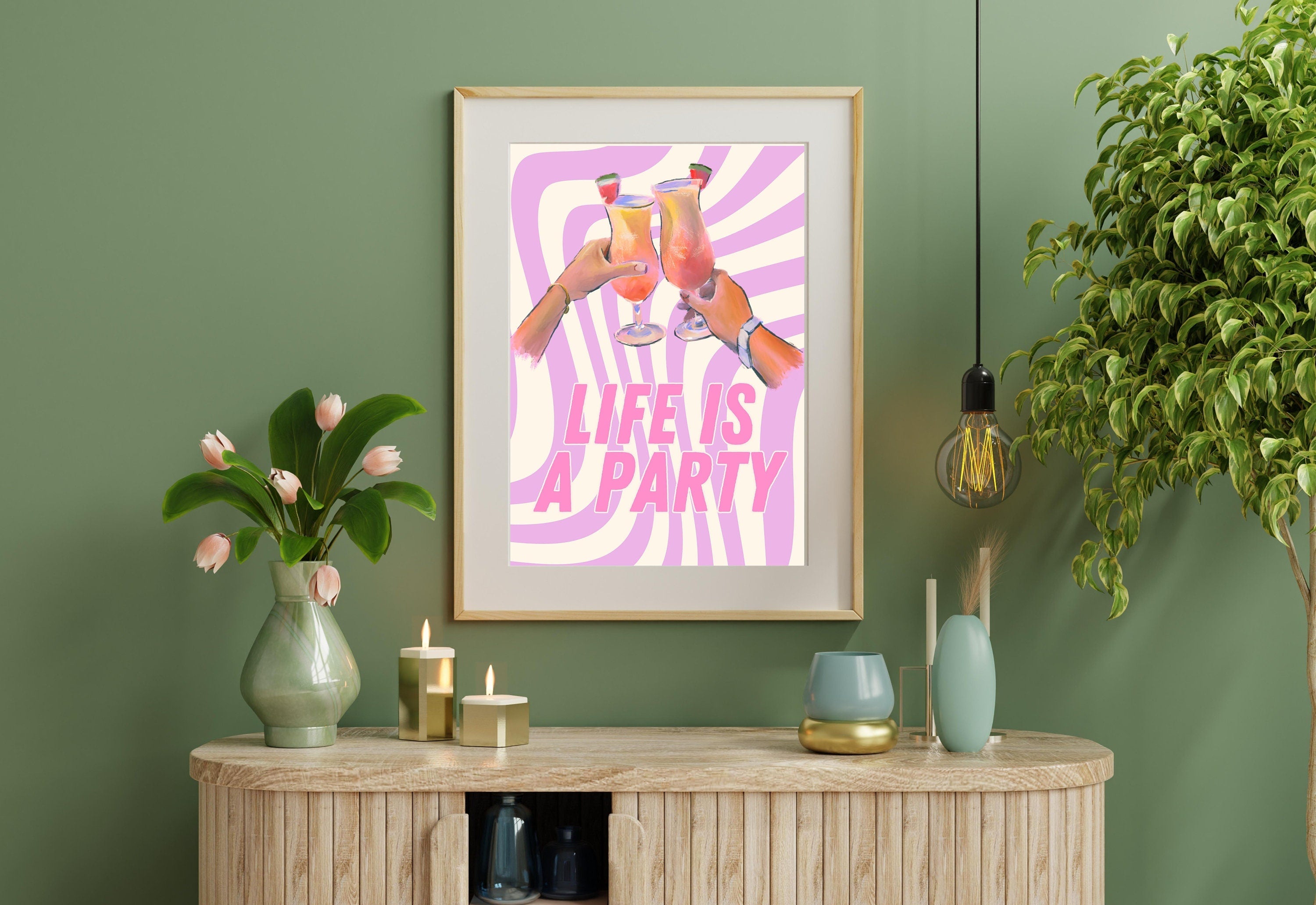 Life Is a Party-Digital Download-Martini Art Print-Cheers Art Print-Trendy Art-70s Art Print-Girly Art-Cocktail Art-Preppy Pink Bar Art