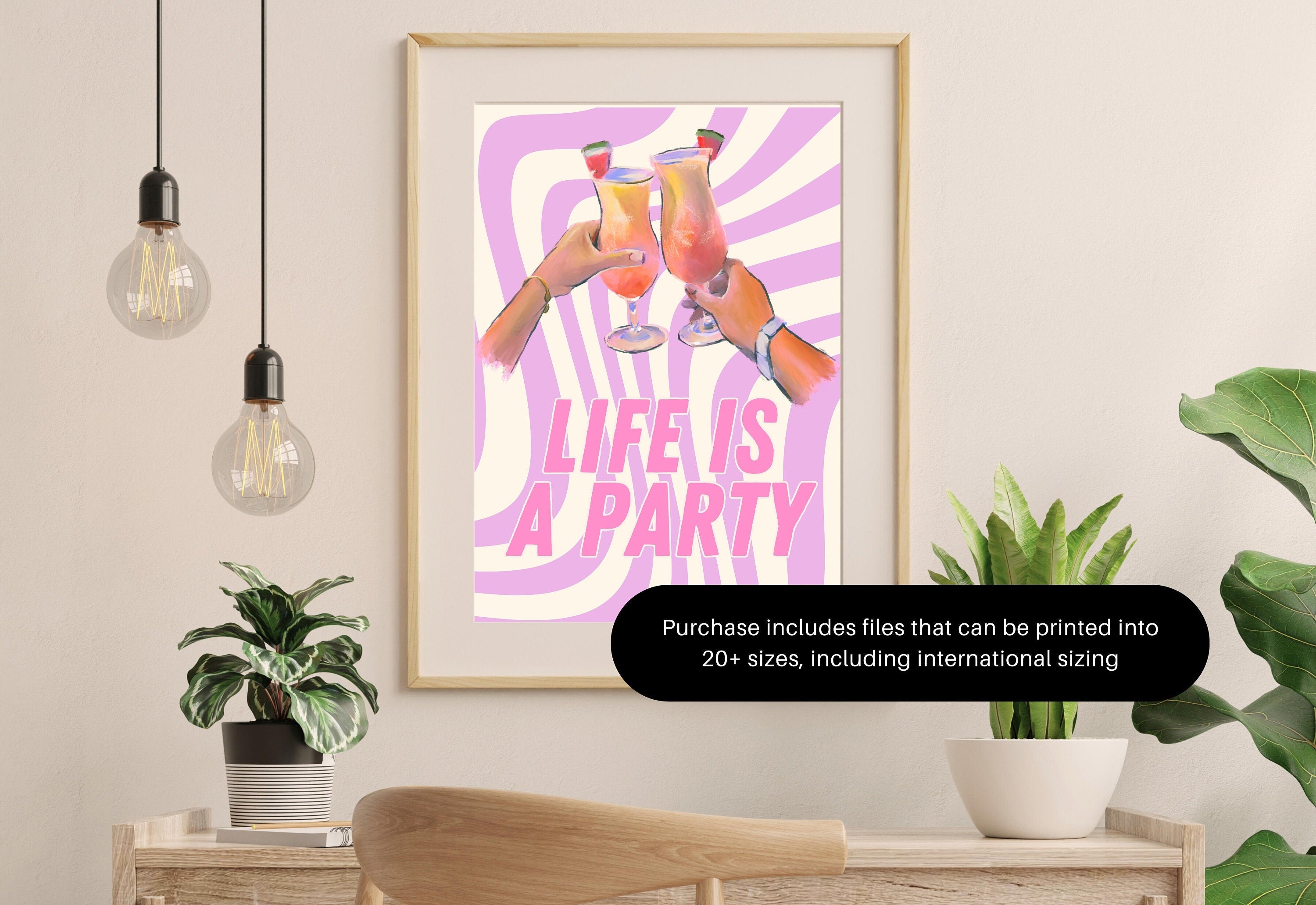 Life Is a Party-Digital Download-Martini Art Print-Cheers Art Print-Trendy Art-70s Art Print-Girly Art-Cocktail Art-Preppy Pink Bar Art