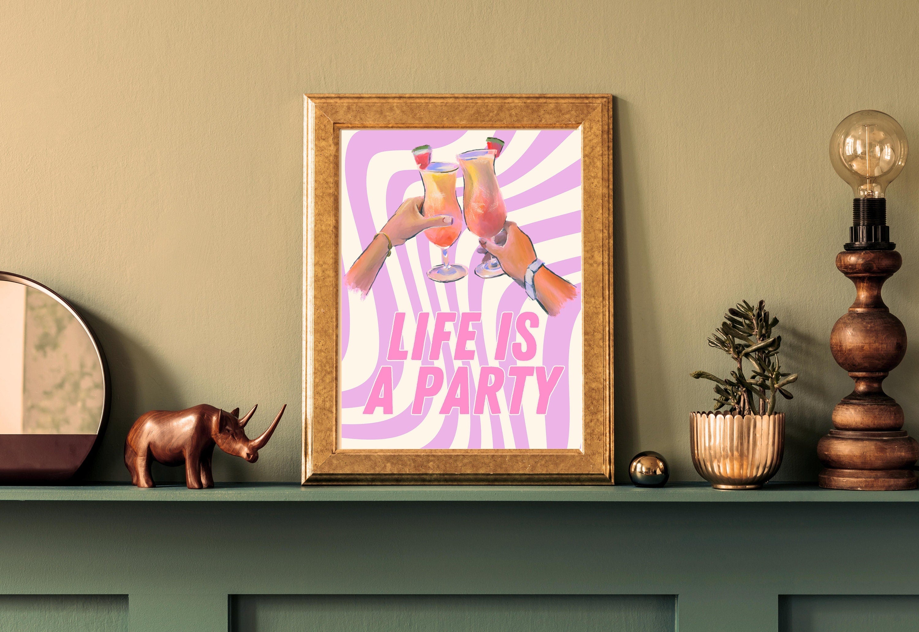 Life Is a Party-Digital Download-Martini Art Print-Cheers Art Print-Trendy Art-70s Art Print-Girly Art-Cocktail Art-Preppy Pink Bar Art