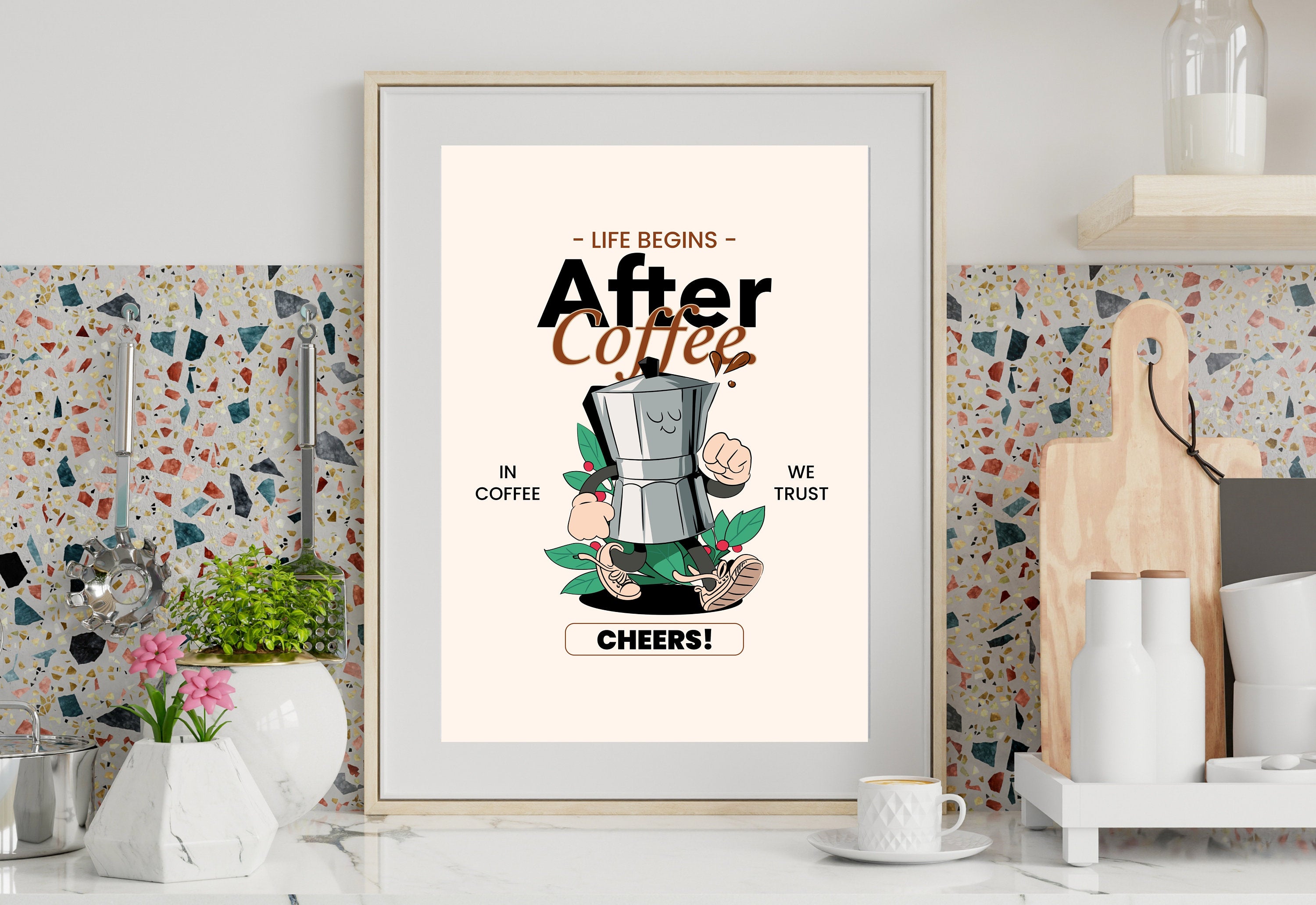 Life begins after coffee,Digital Prints,Retro Art Quote,Office Art,Kitchen Art,Coffee Art Print,Coffee Cartoon Print,Retro Wall Art