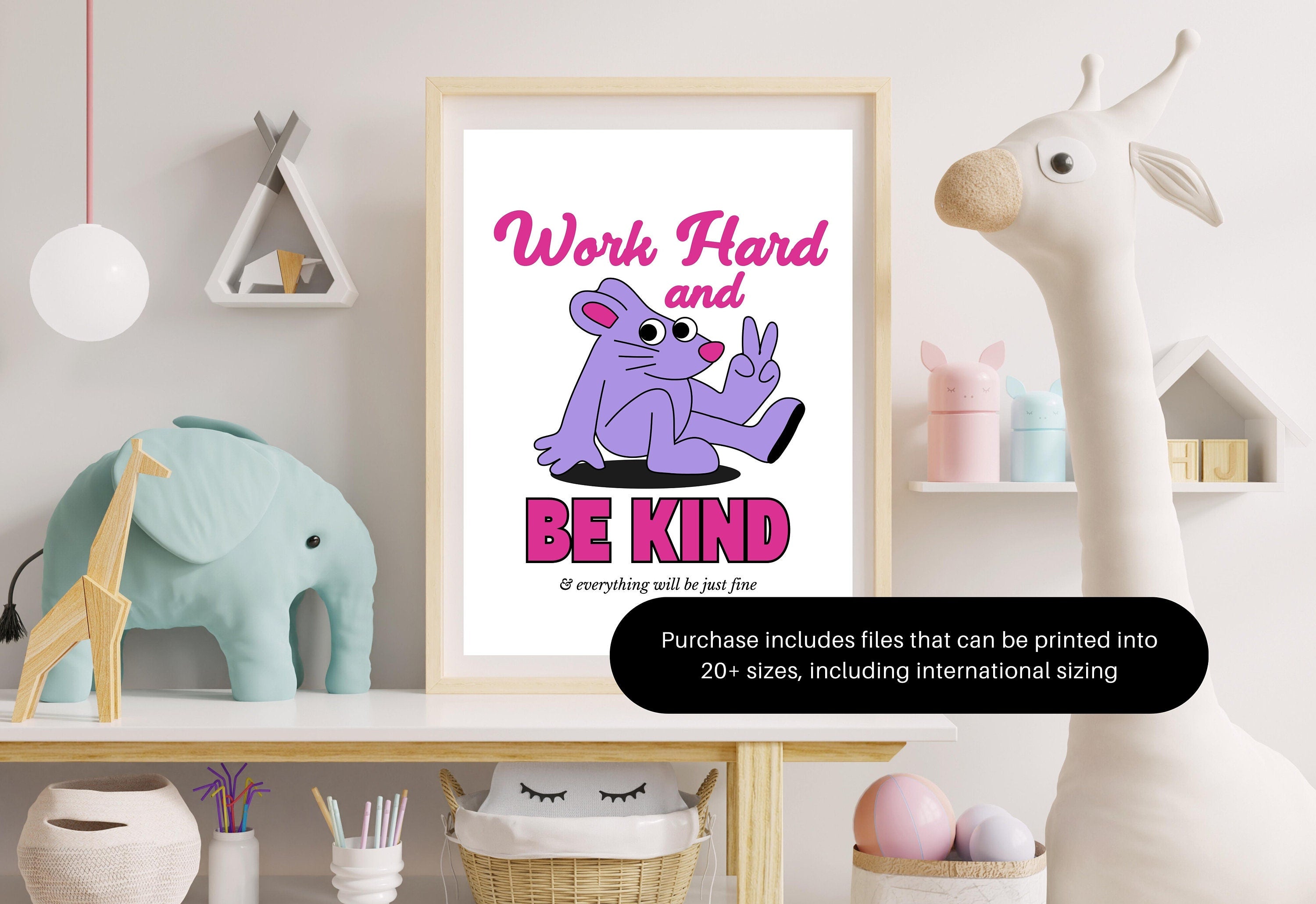 Work Hard Art,Kids Room Art,Downloadable Print,Cartoon Art Print,Retro Character Art,Trendy Posters,Vintage Mascot Art,Cute Positive Art