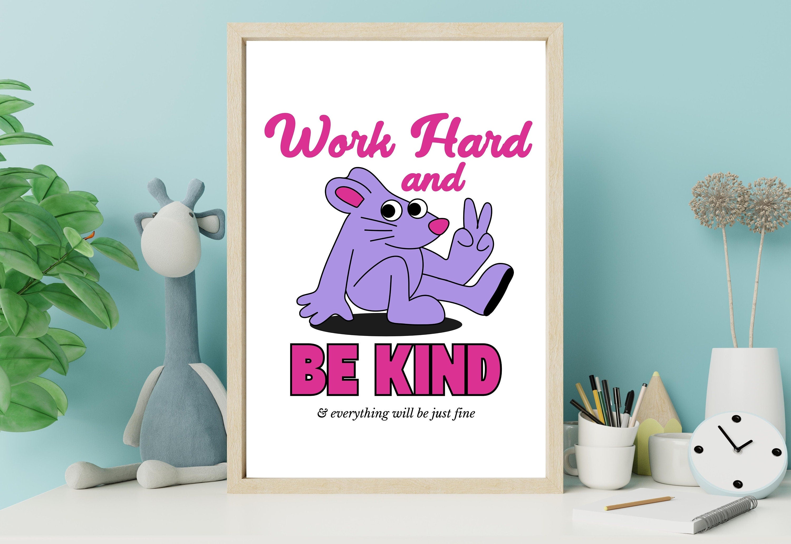 Work Hard Art,Kids Room Art,Downloadable Print,Cartoon Art Print,Retro Character Art,Trendy Posters,Vintage Mascot Art,Cute Positive Art