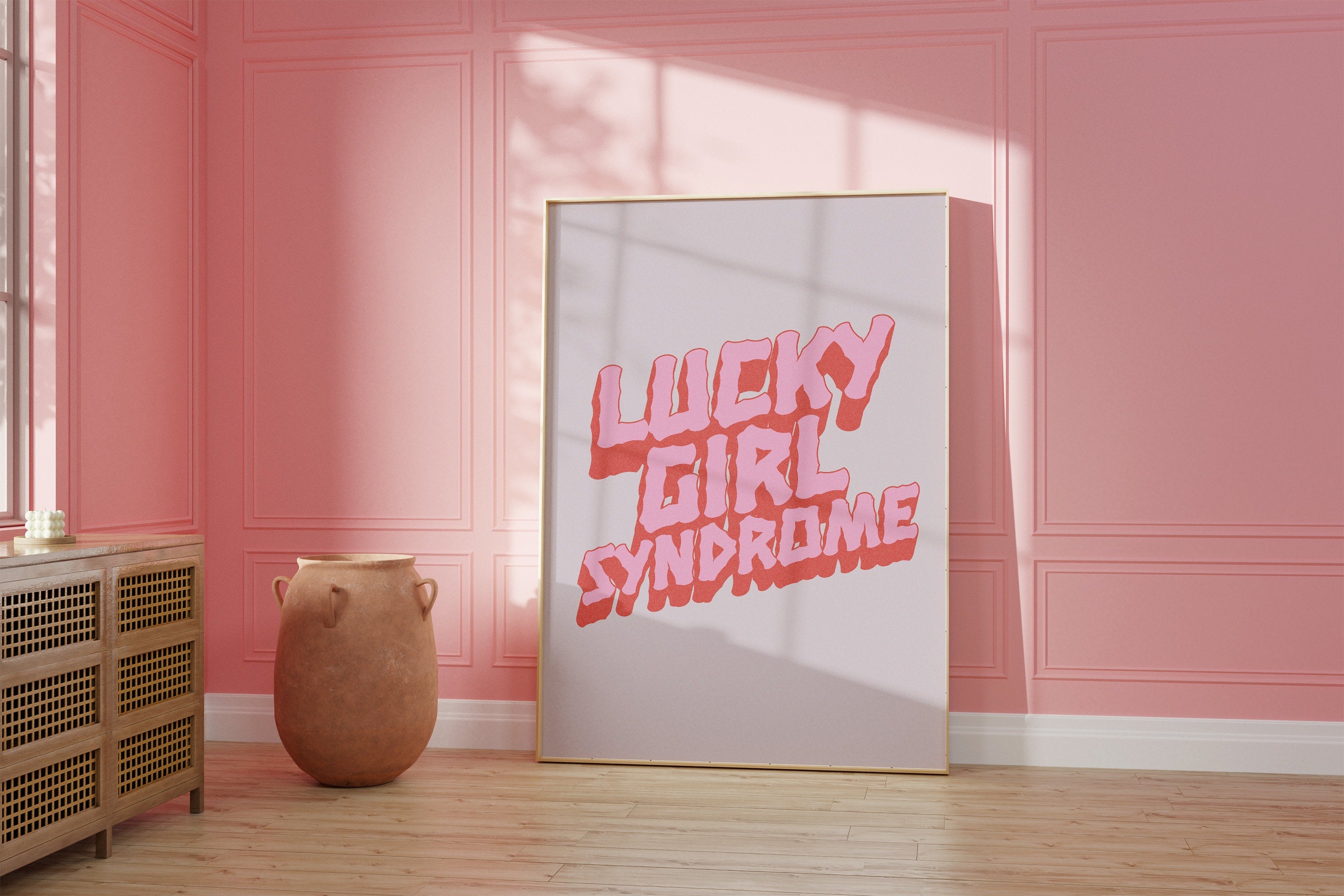 Lucky Girl Quote,Retro Posters,Lucky Girl Syndrome Art,Trendy Wall Art,Aesthetic Print,Dorm Art,Pink Art, Dorm Decor, Lucky Girl Pink