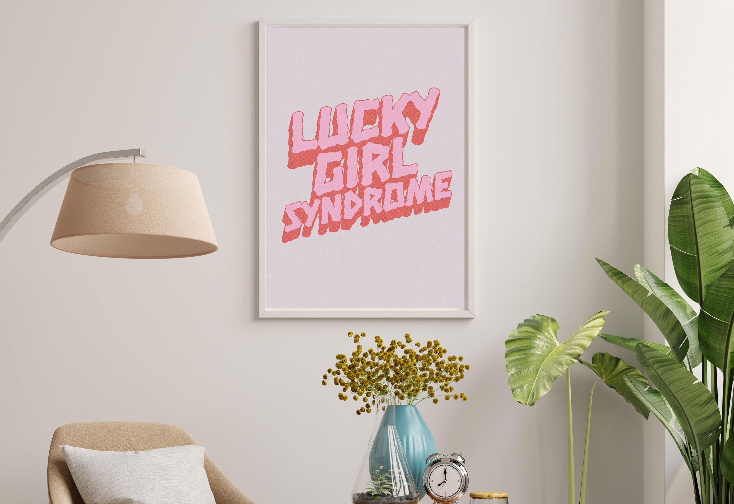 Lucky Girl Quote,Retro Posters,Lucky Girl Syndrome Art,Trendy Wall Art,Aesthetic Print,Dorm Art,Pink Art, Dorm Decor, Lucky Girl Pink