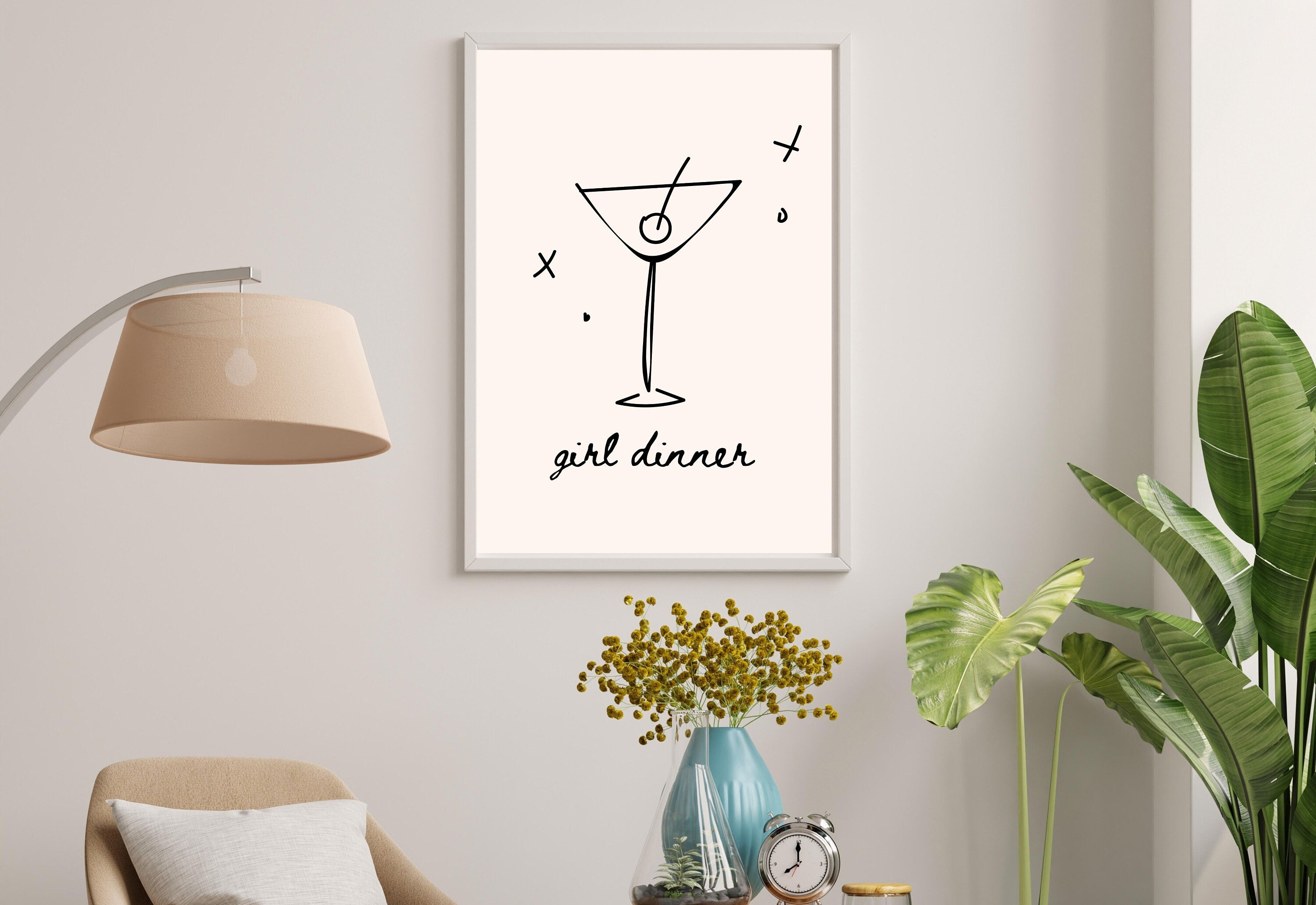 Girl Dinner Art-Digital Download-Martini Art-Retro Print-Cheers Print-Trendy Art-Minimalist Art Print-Girly Art-Cocktail Art-Bar Cart Art