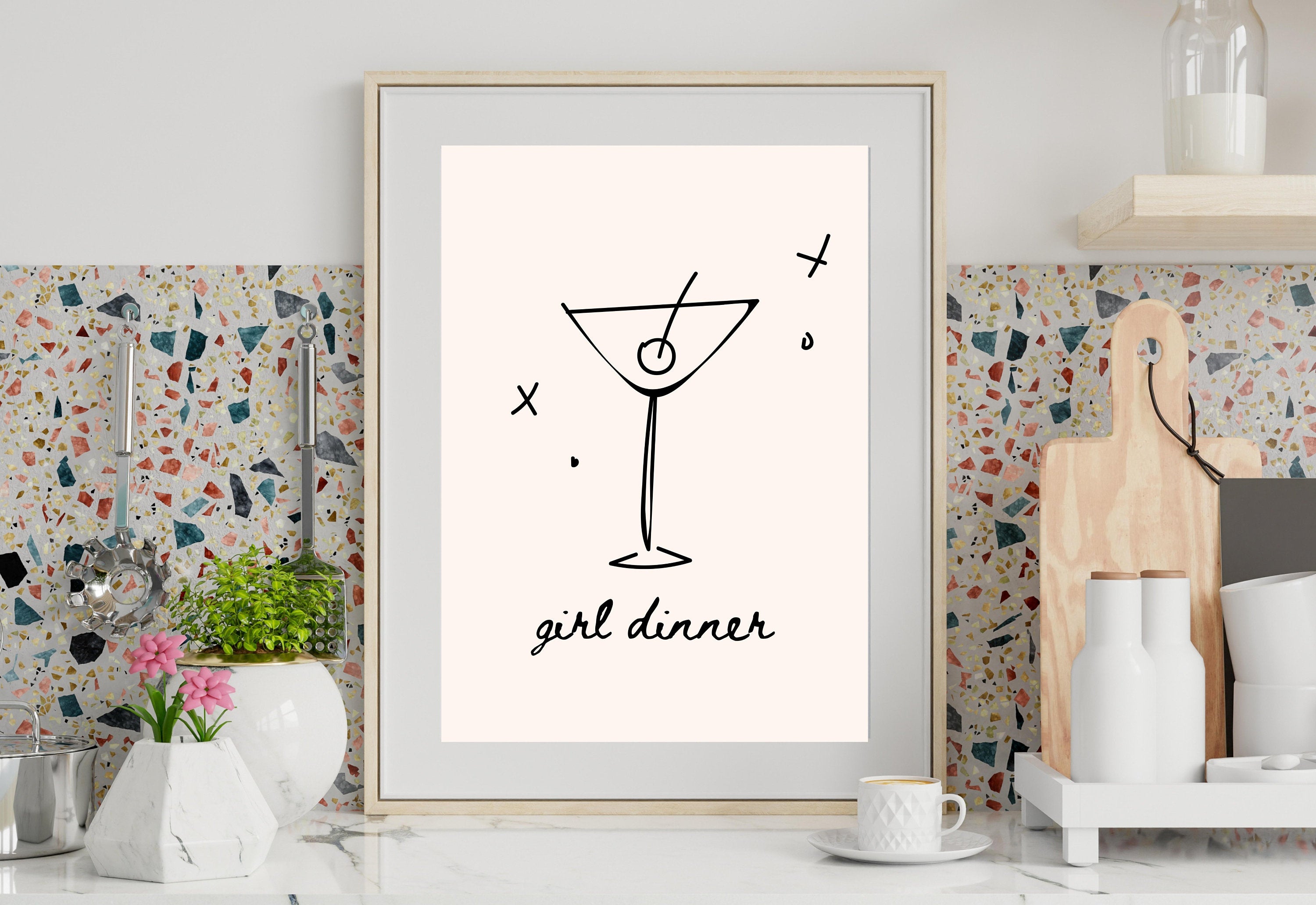 Girl Dinner Art-Digital Download-Martini Art-Retro Print-Cheers Print-Trendy Art-Minimalist Art Print-Girly Art-Cocktail Art-Bar Cart Art