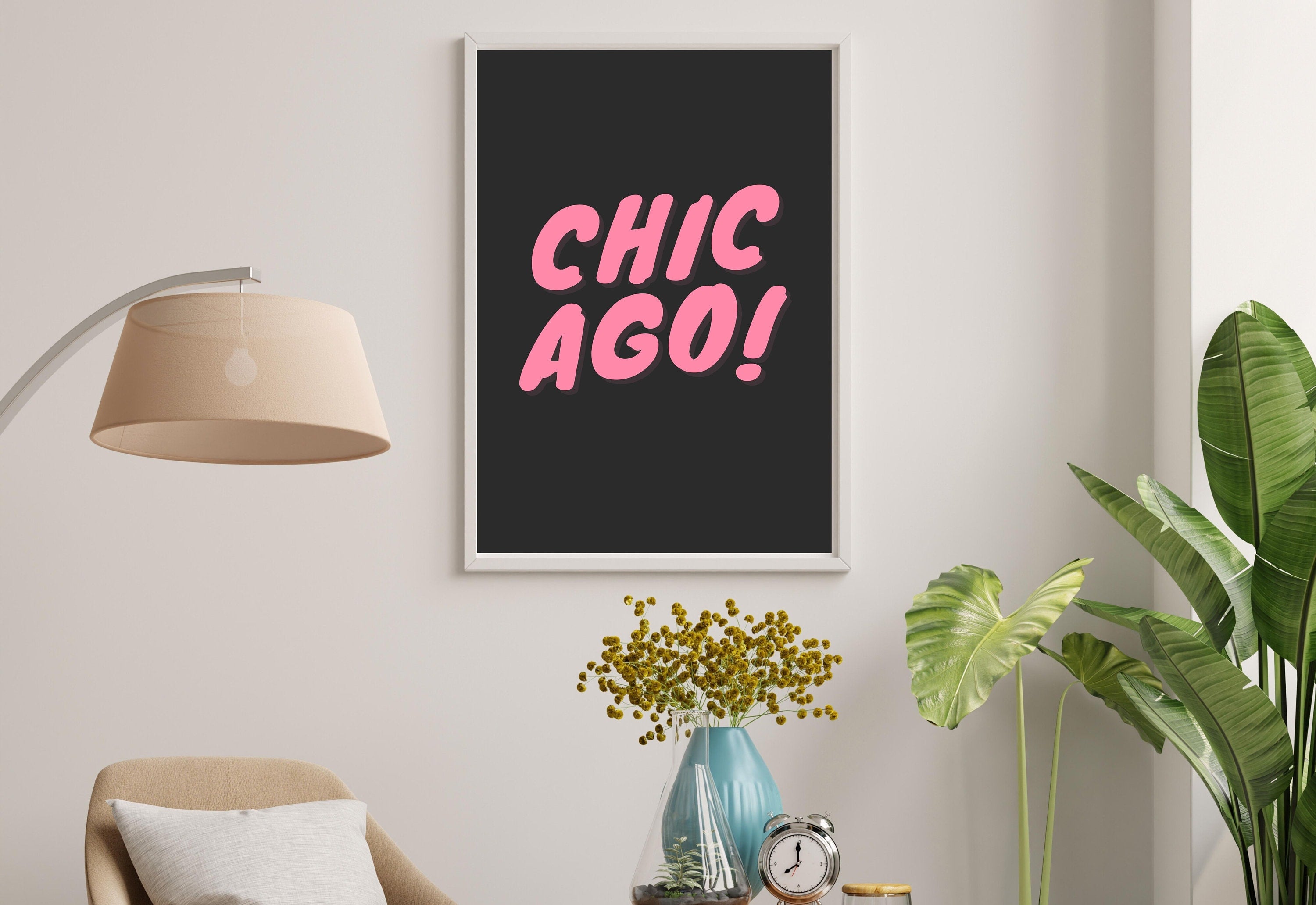 Chicago Art Print,Digital Art Download,Black Chicago Wall Art,Cute Trendy Art,Chicago Posters,Chicago Wall Poster,Pink Poster, Black Posters