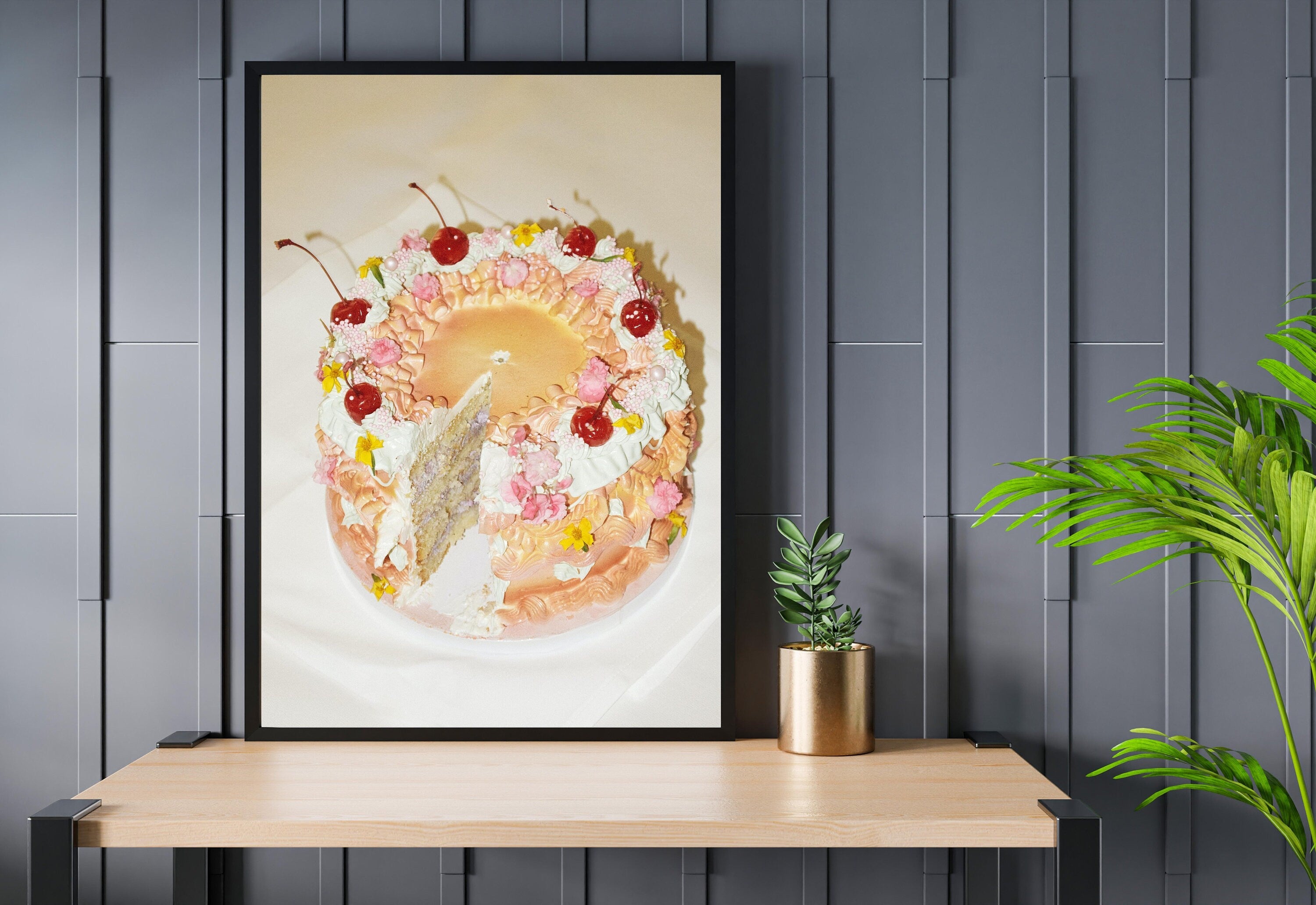 Cute Cake Art, Grainy Art Print,Retro Cake Poster,Mid-Century Photo Art, Pink Red Art, Cherry Cake Art, French Cake, Kitchen Art