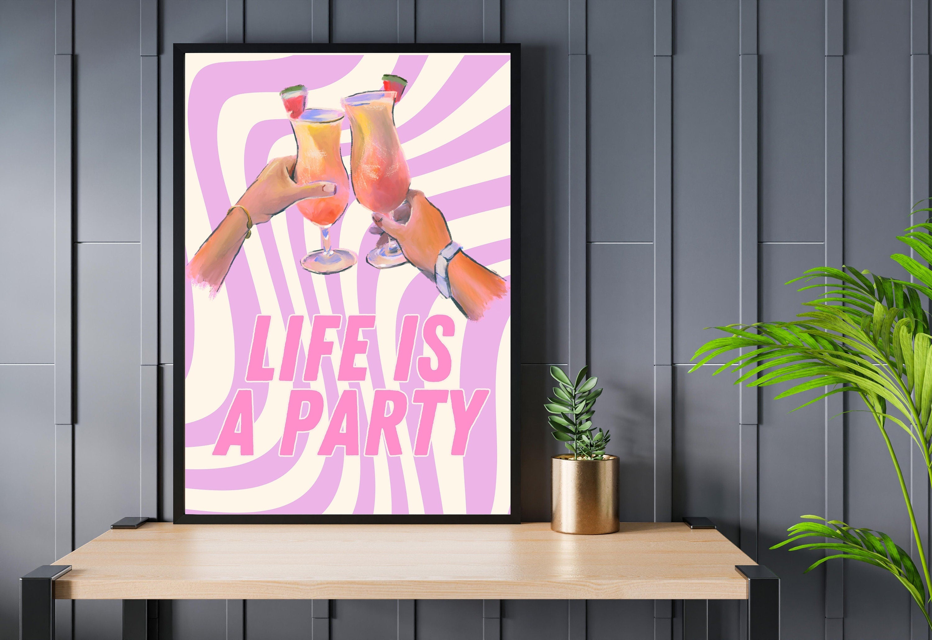 Life Is a Party-Digital Download-Martini Art Print-Cheers Art Print-Trendy Art-70s Art Print-Girly Art-Cocktail Art-Preppy Pink Bar Art