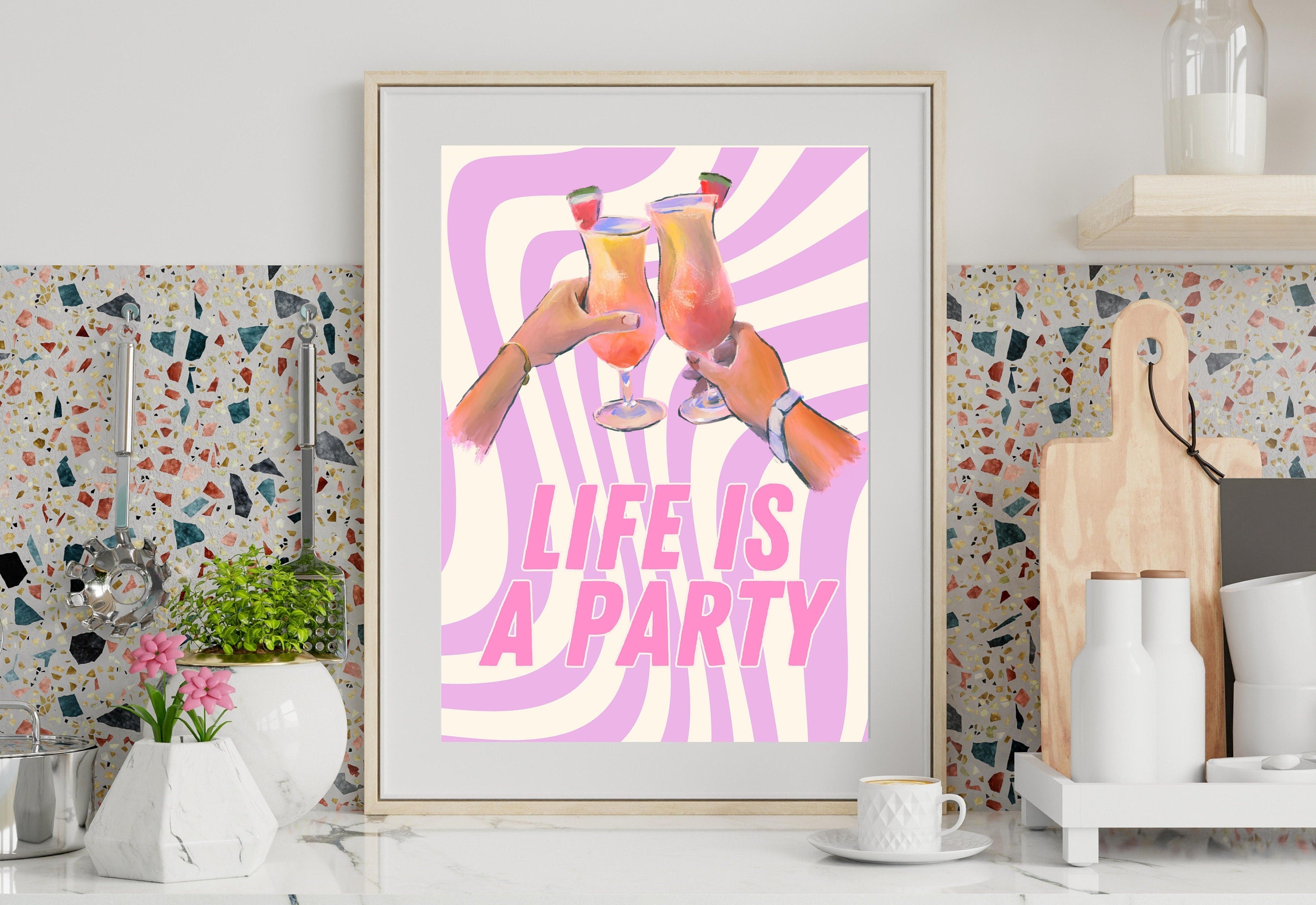 Life Is a Party-Digital Download-Martini Art Print-Cheers Art Print-Trendy Art-70s Art Print-Girly Art-Cocktail Art-Preppy Pink Bar Art