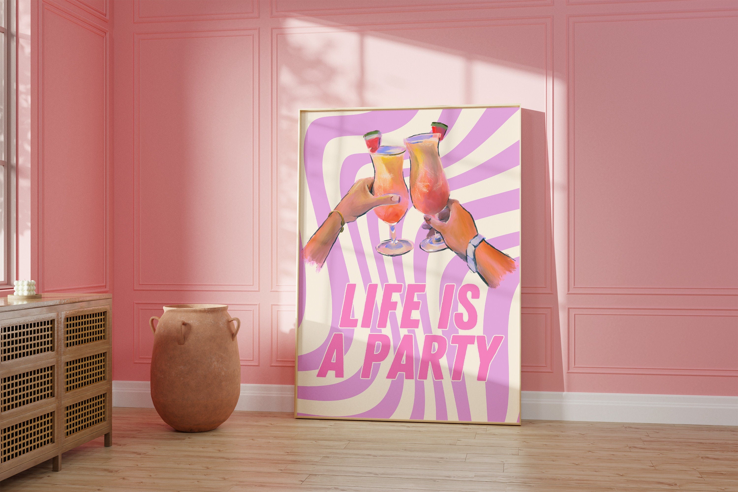 Life Is a Party-Digital Download-Martini Art Print-Cheers Art Print-Trendy Art-70s Art Print-Girly Art-Cocktail Art-Preppy Pink Bar Art