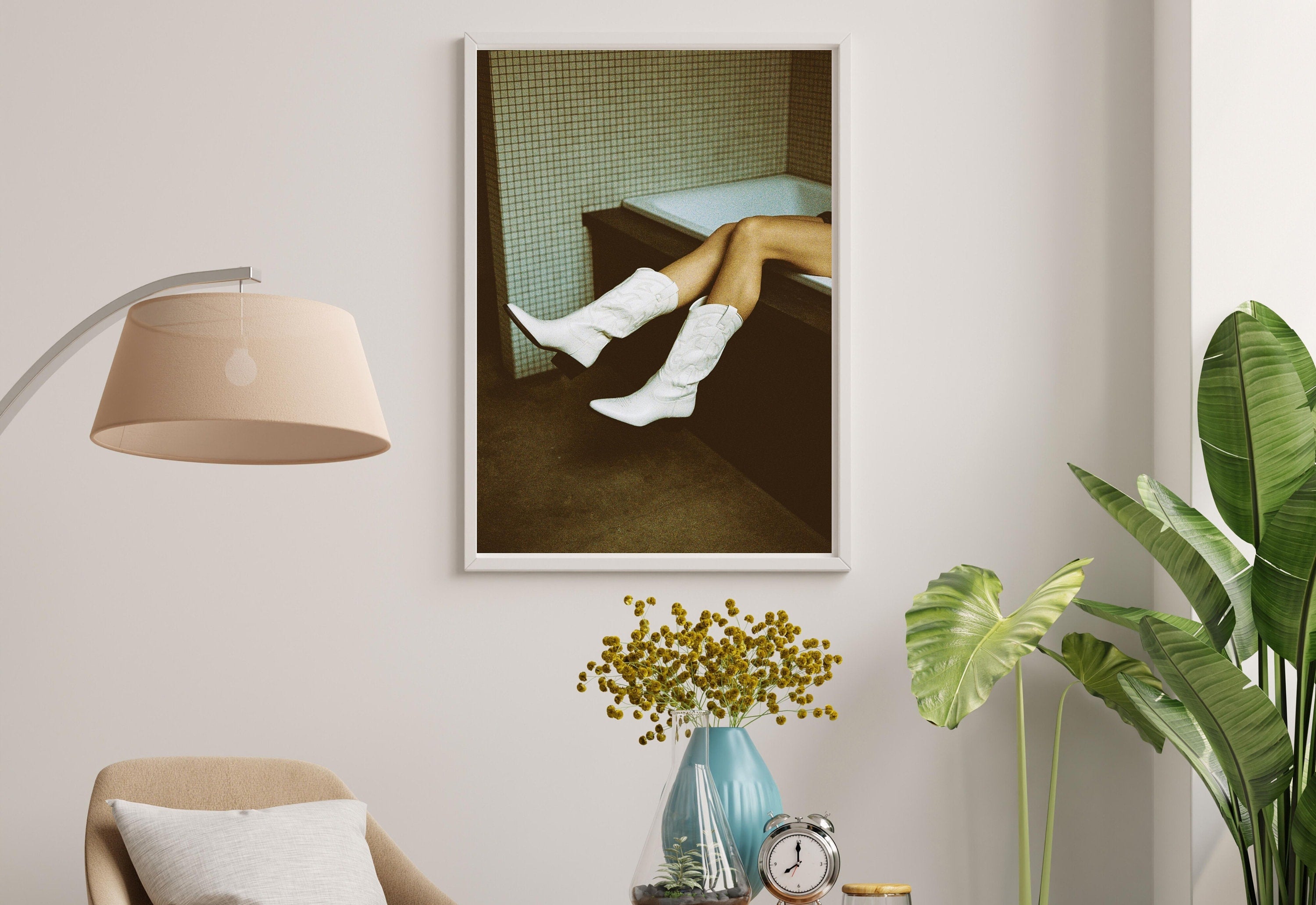 White Boots Art Print-Digital Art Prints-Cocktail Wall Art-Retro Photo Prints-Retro Photo Art Print-Preppy Art-Grainy Gradient-Trendy Print