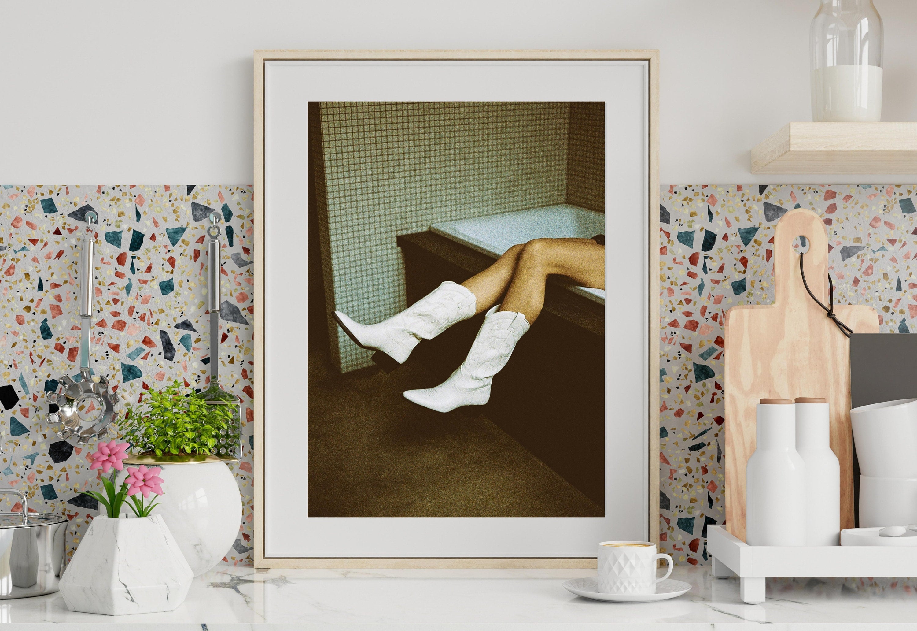 White Boots Art Print-Digital Art Prints-Cocktail Wall Art-Retro Photo Prints-Retro Photo Art Print-Preppy Art-Grainy Gradient-Trendy Print