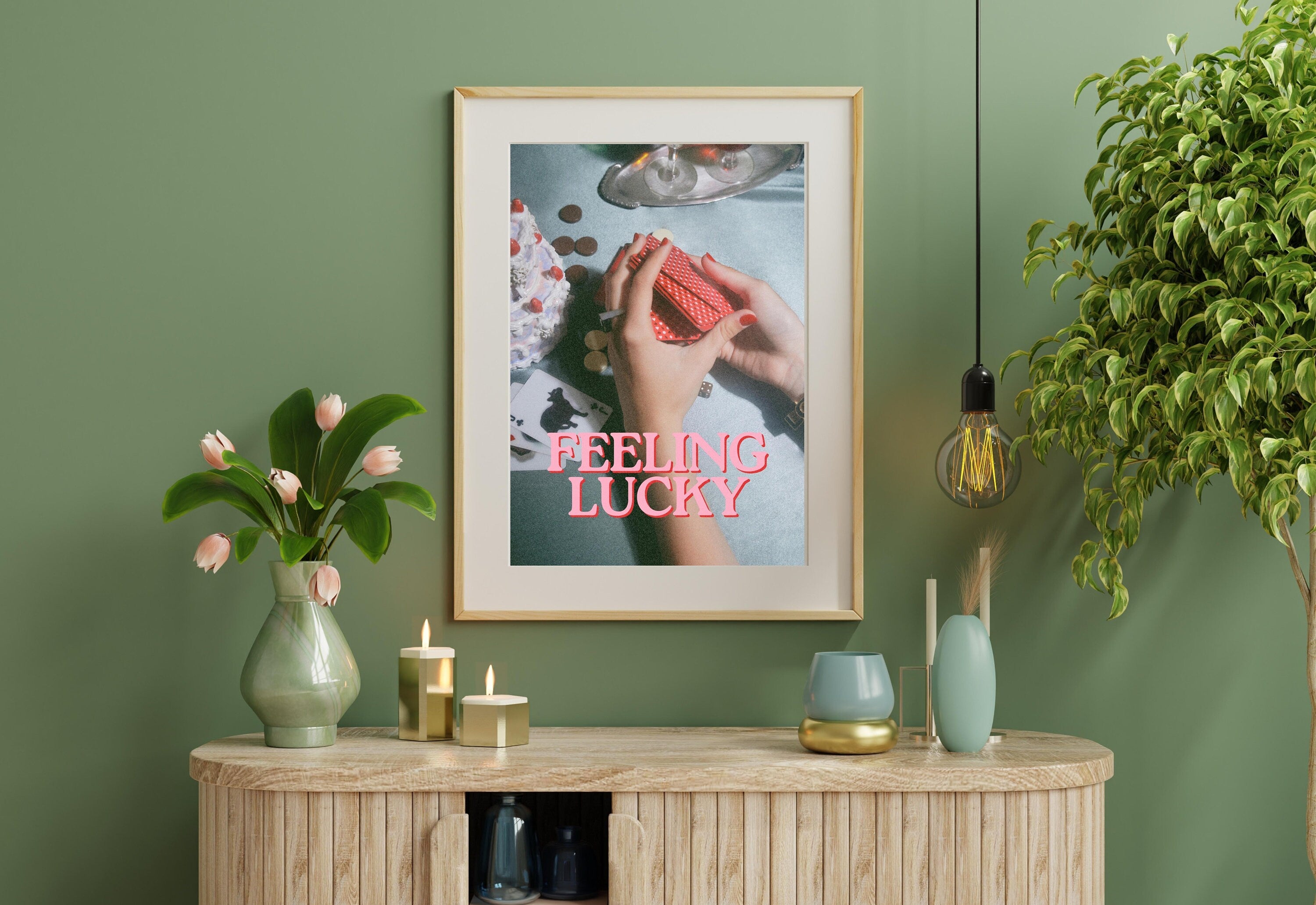 Feeling Lucky Print,Lucky Girl Quote,Retro Card Posters,Lucky Girl Syndrome Art,Trendy Wall Art,Aesthetic Print,Dorm Art,Playing Cards Art