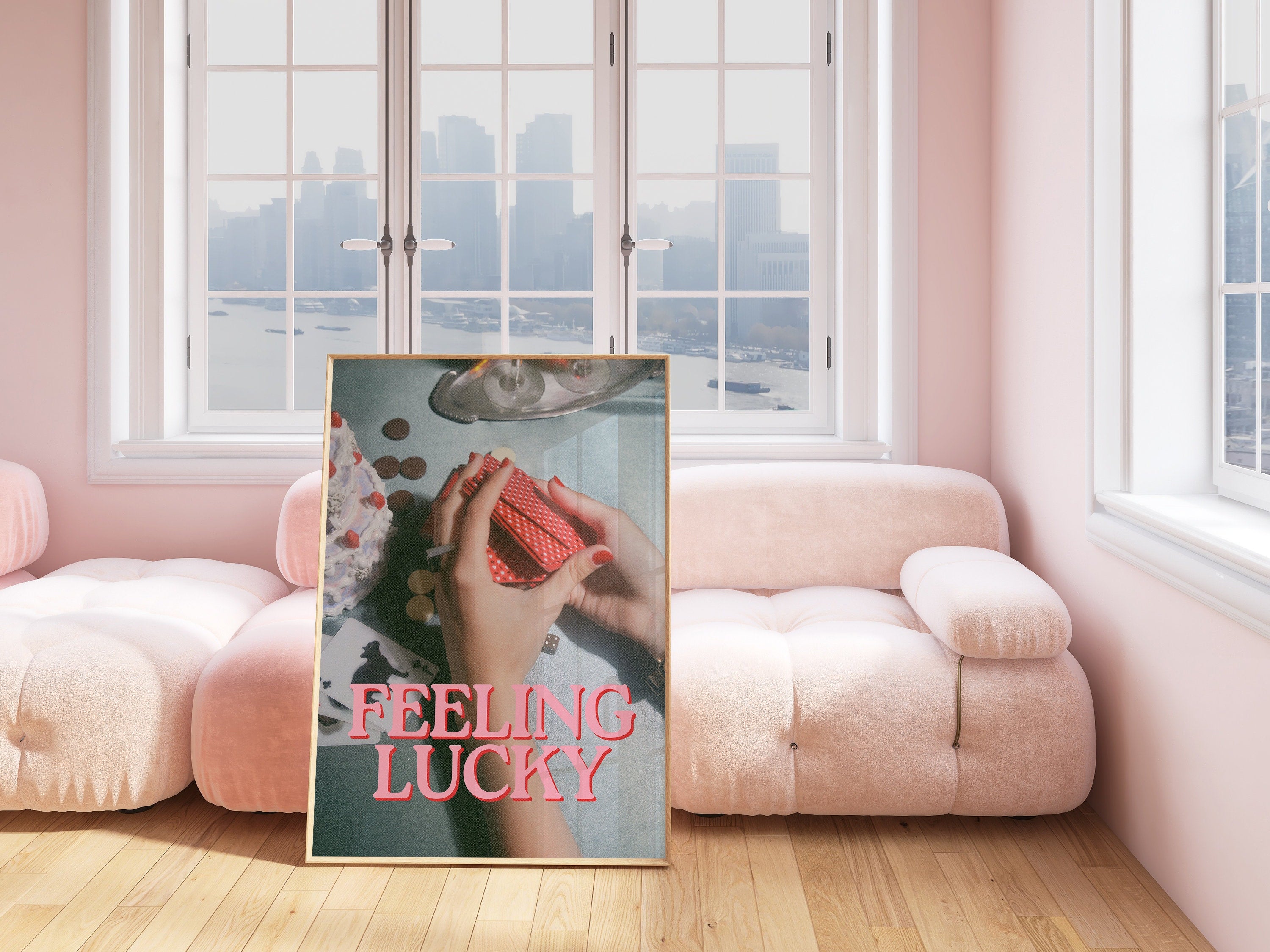 Feeling Lucky Print,Lucky Girl Quote,Retro Card Posters,Lucky Girl Syndrome Art,Trendy Wall Art,Aesthetic Print,Dorm Art,Playing Cards Art