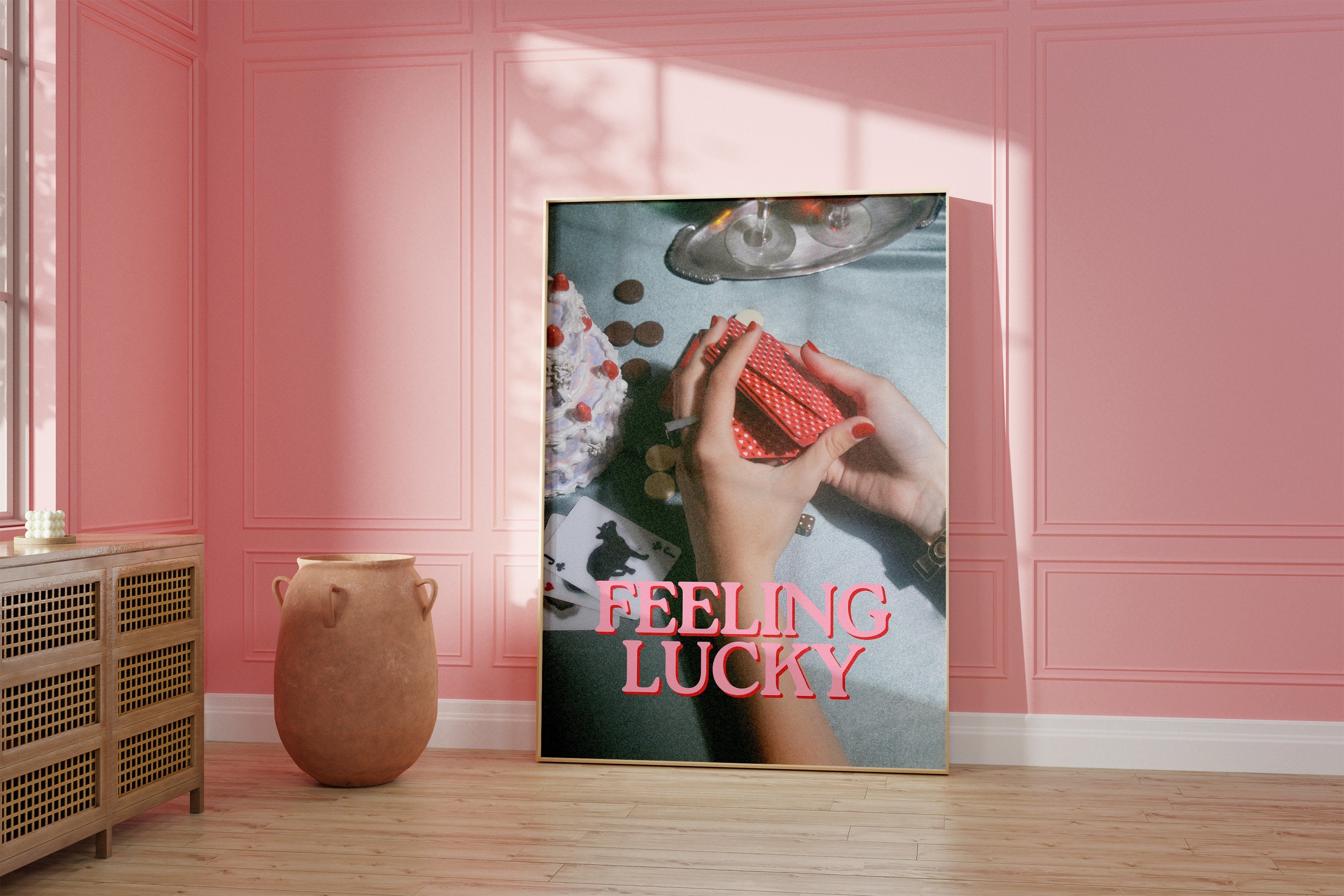 Feeling Lucky Print,Lucky Girl Quote,Retro Card Posters,Lucky Girl Syndrome Art,Trendy Wall Art,Aesthetic Print,Dorm Art,Playing Cards Art