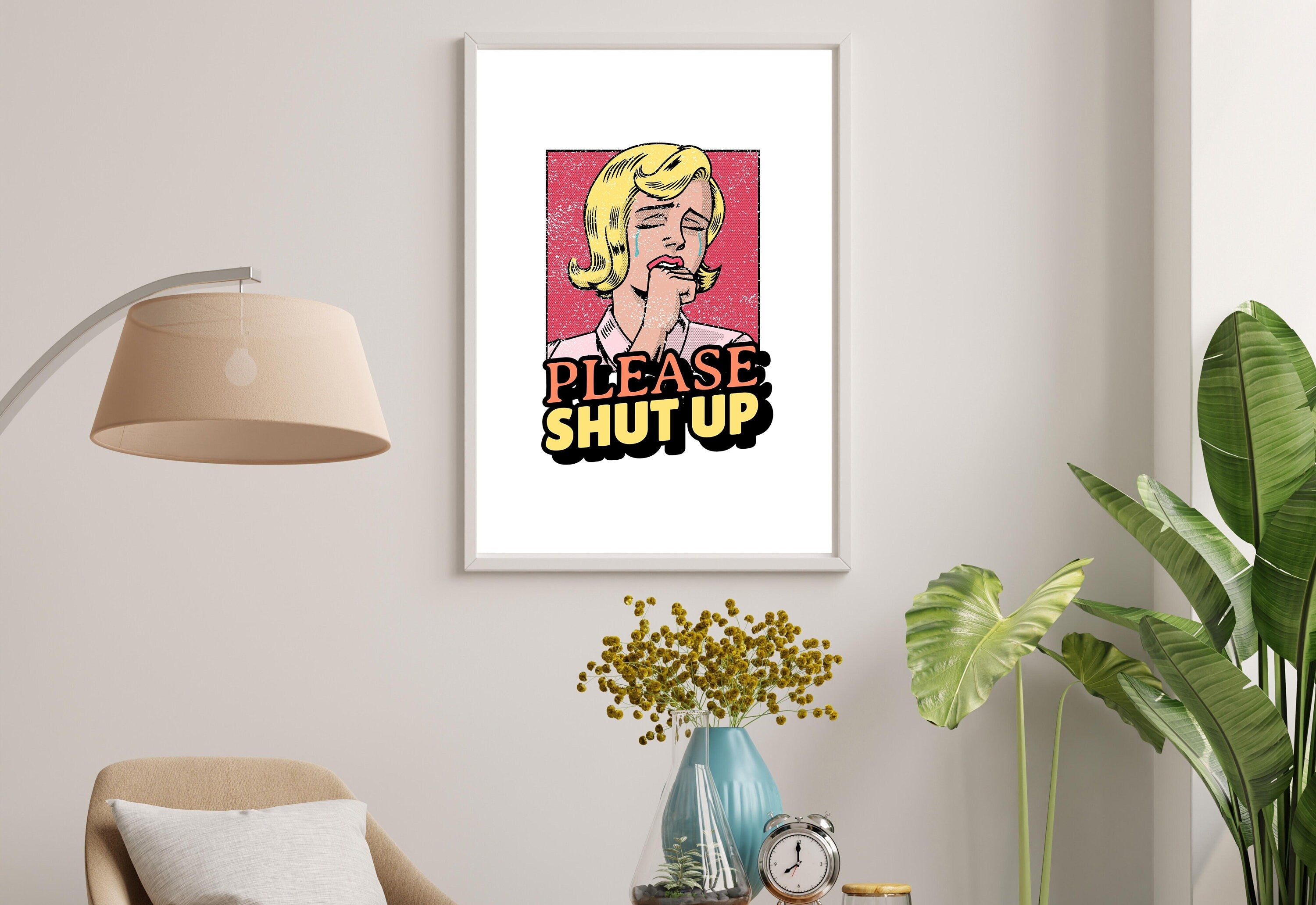 Please Shut Up-Digital Prints-Wall Art Print-Funny Girly Art-Y2K Aesthetic Art-Dorm Room Art-Living Room Decor-Bright Art-Pink Cartoon Art