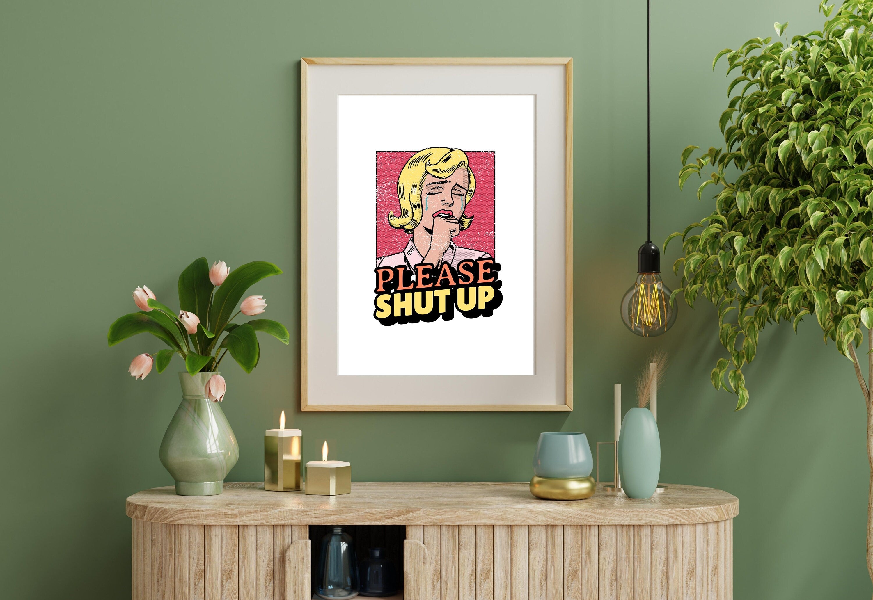 Please Shut Up-Digital Prints-Wall Art Print-Funny Girly Art-Y2K Aesthetic Art-Dorm Room Art-Living Room Decor-Bright Art-Pink Cartoon Art