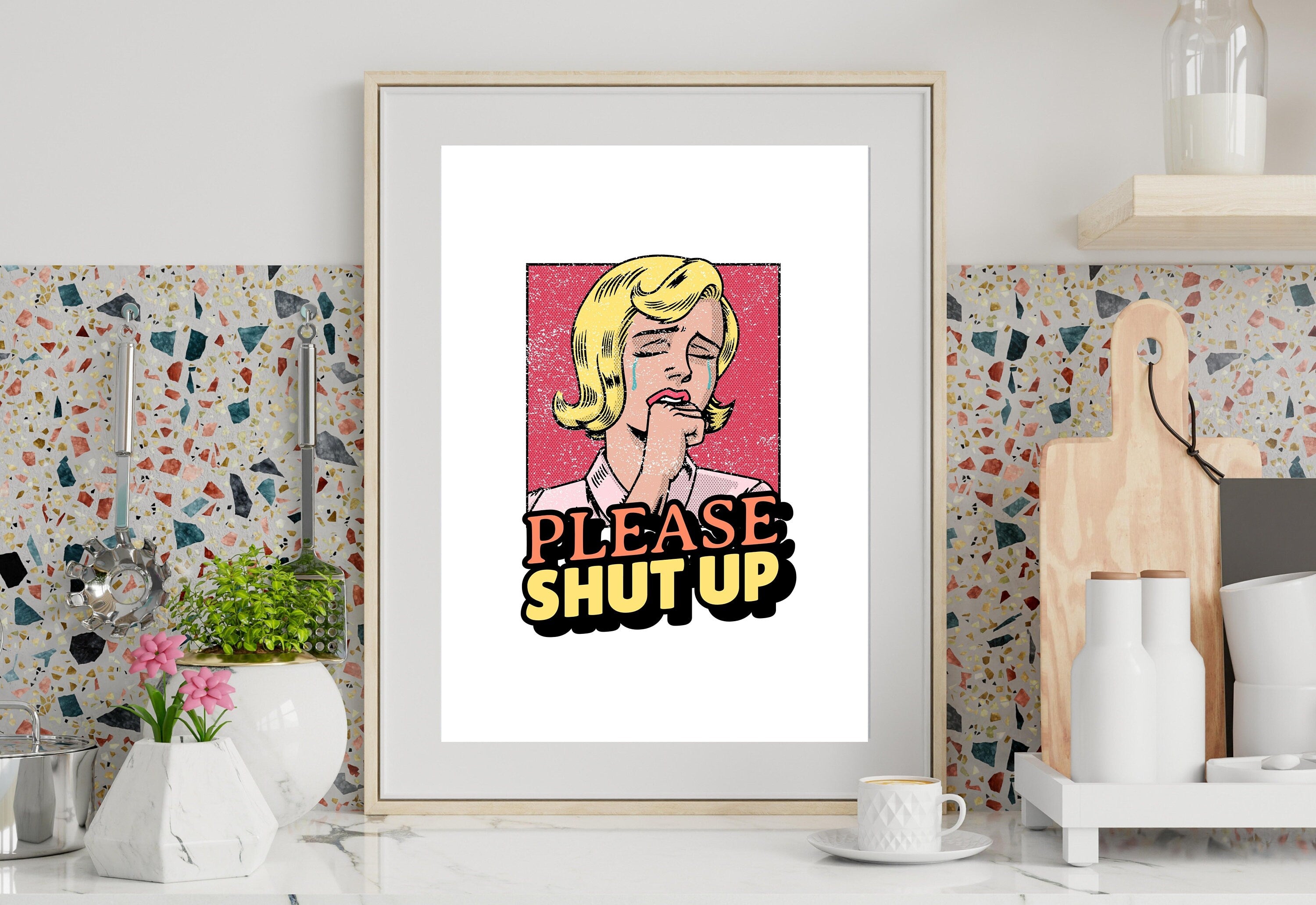 Please Shut Up-Digital Prints-Wall Art Print-Funny Girly Art-Y2K Aesthetic Art-Dorm Room Art-Living Room Decor-Bright Art-Pink Cartoon Art