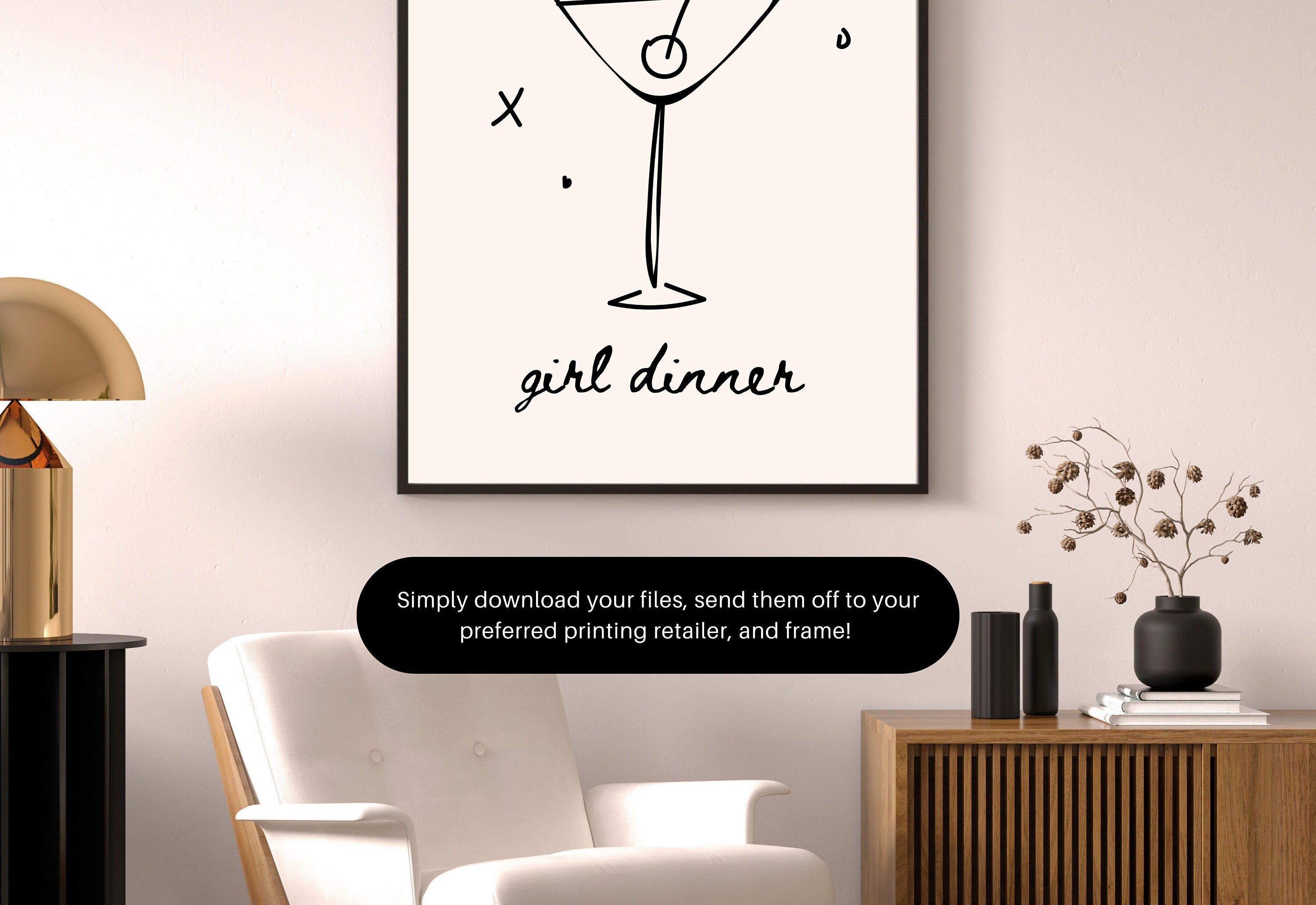 Girl Dinner Art-Digital Download-Martini Art-Retro Print-Cheers Print-Trendy Art-Minimalist Art Print-Girly Art-Cocktail Art-Bar Cart Art