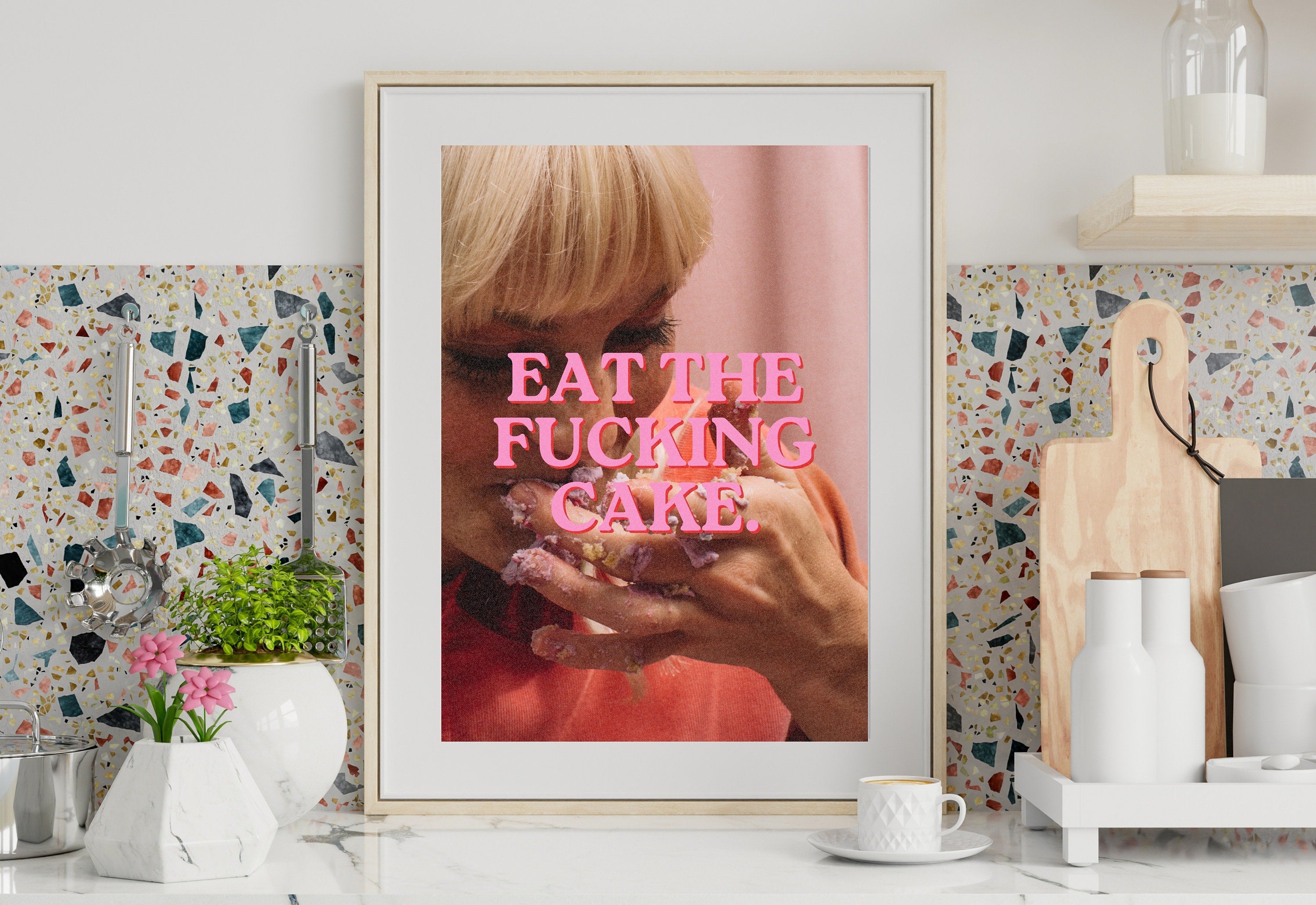 Eat the Cake Art Print-Digital Art Prints-Cocktail Wall Art-Retro Photo Prints-Retro Photo Art Print-Preppy Art-Grainy Gradient-Trendy Print